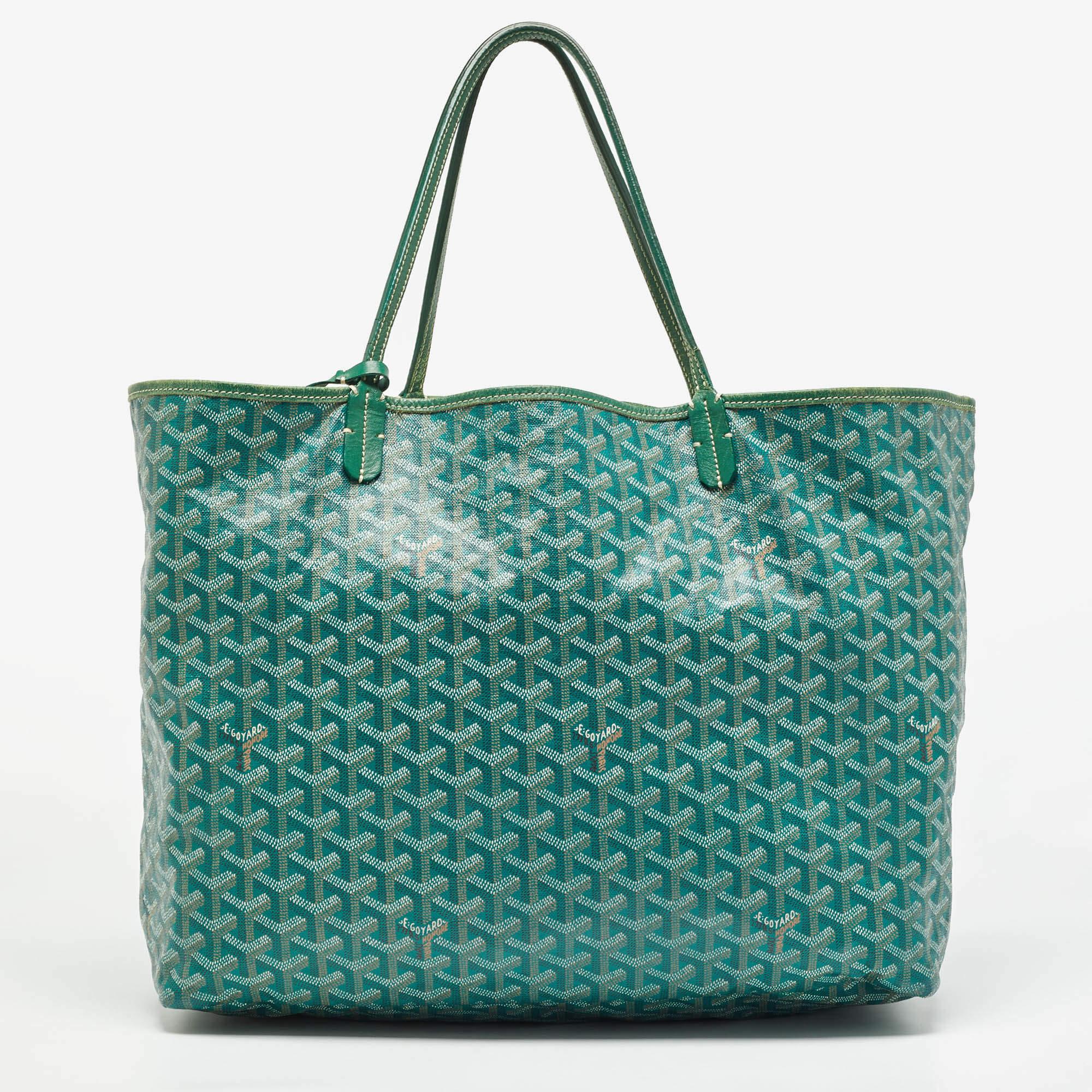 Women's Goyard Green Goyardine Coated Canvas and Leather Stripe Saint Louis GM Tote