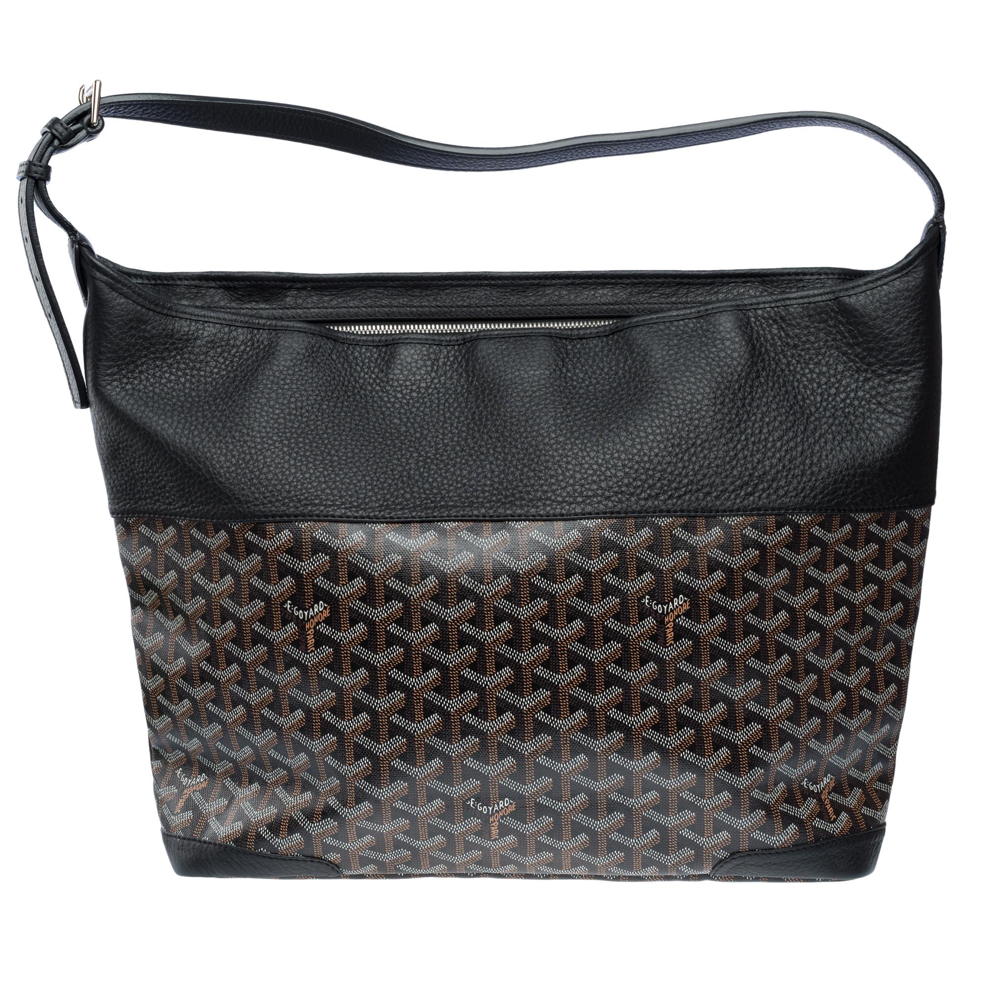 Goyard Grenadine Hobo bag in coated canvas and black leather In Excellent Condition For Sale In Paris, IDF