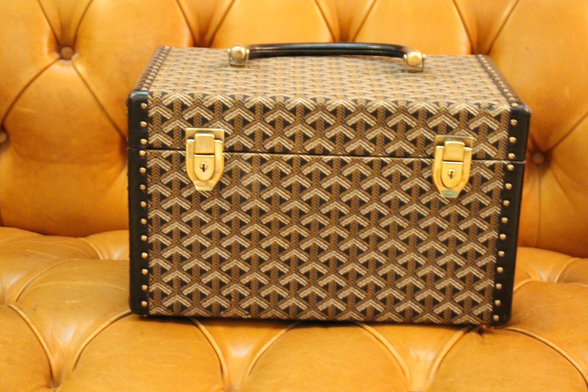 It is an extremely rare vintage jewelry case or train case made by Goyard. It features its famous 