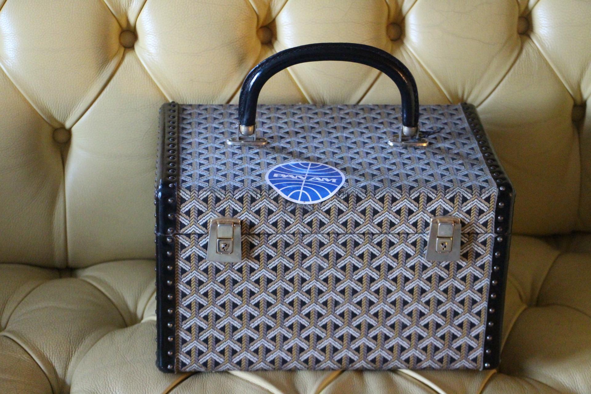 It is an extremely rare vintage jewelry case or train case made by Goyard. It features its famous 