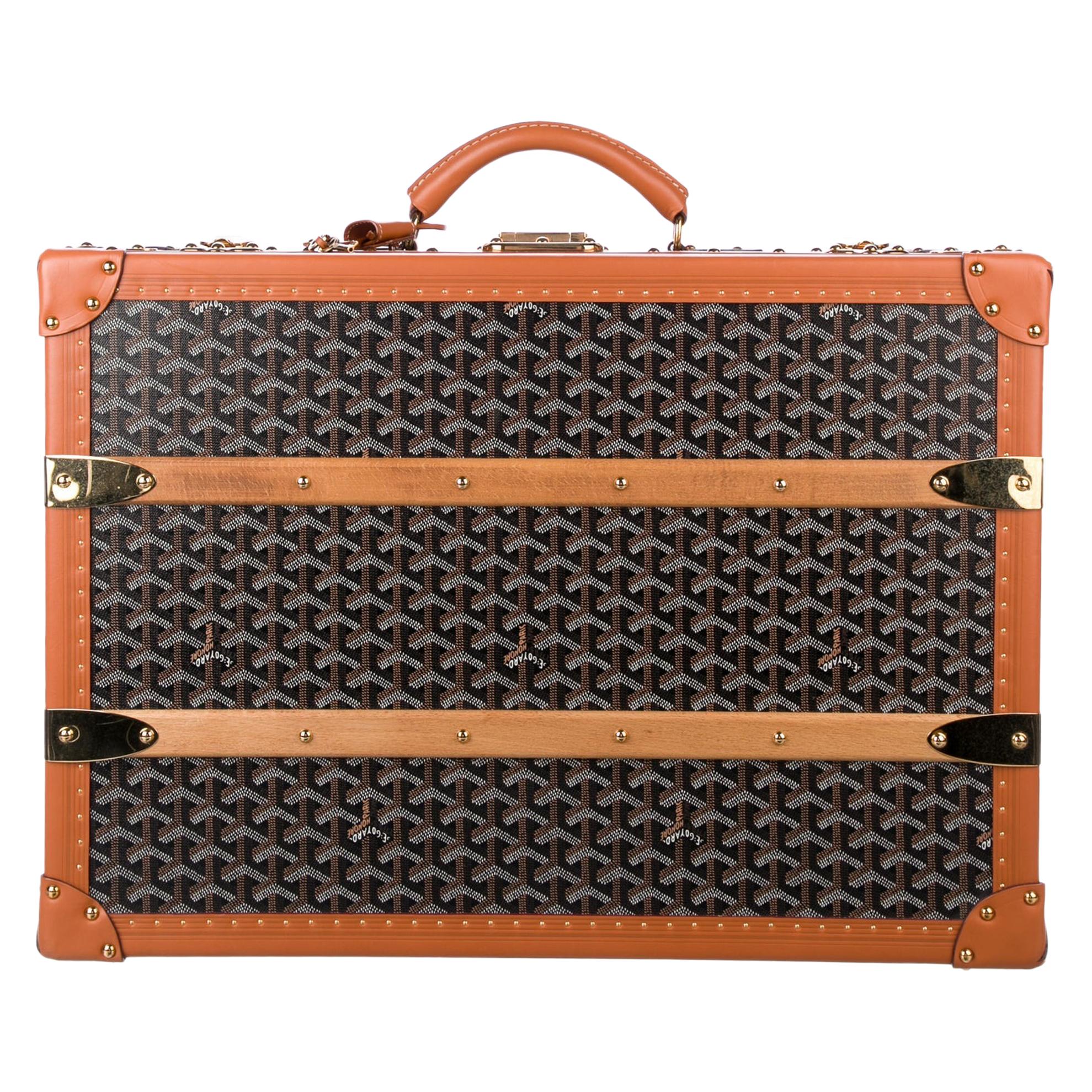 Goyard Monogram Canvas Cognac Leather Men's Trunk Travel Top Handle Suitcase Bag