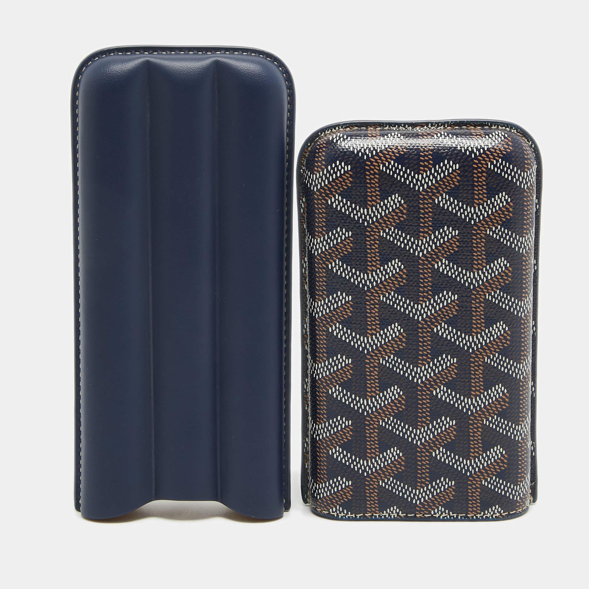 Black Goyard Navy Blue Goyardine Coated Canvas and Leather Churchill 3 Cigar Case