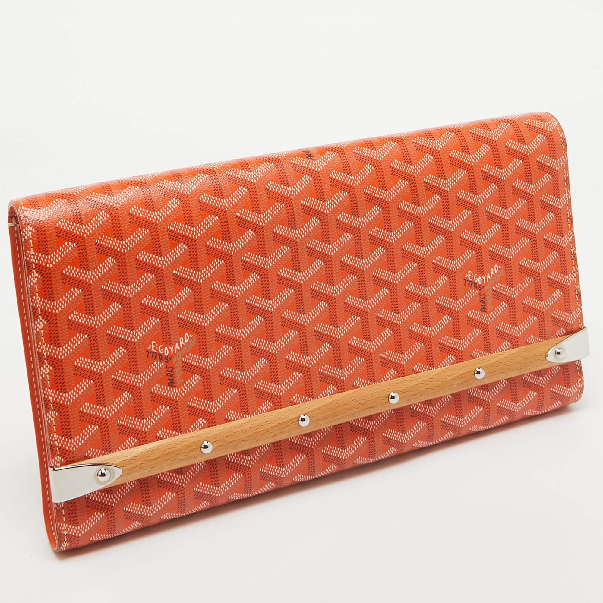 Goyard Orange Goyardine Coated Canvas Monte Carlo Bois Clutch In Excellent Condition In Dubai, Al Qouz 2