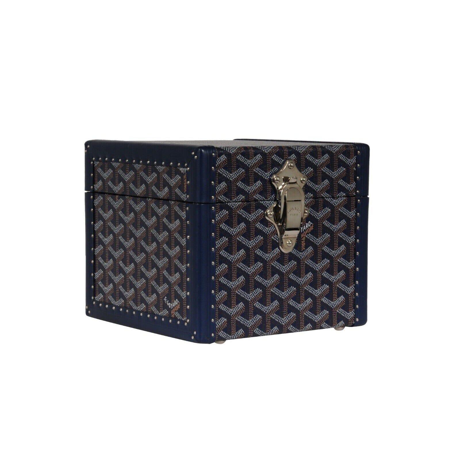 Women's or Men's Goyard Paris Trunk Case Navy Blue Jewelry Cuff Links Watch Box Chest Travel Set For Sale