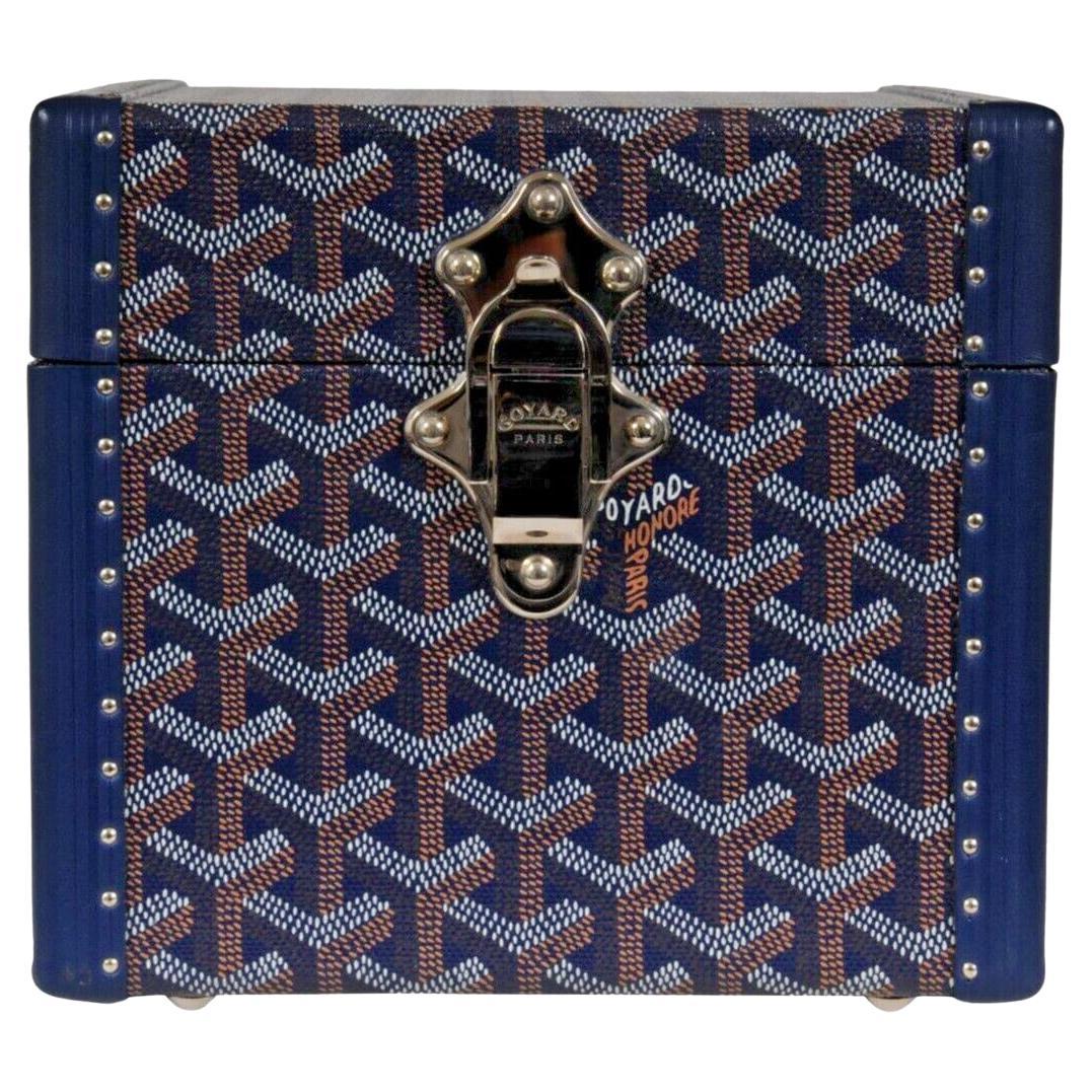 Goyard Paris Trunk Case Navy Blue Jewelry Cuff Links Watch Box Chest Travel Set