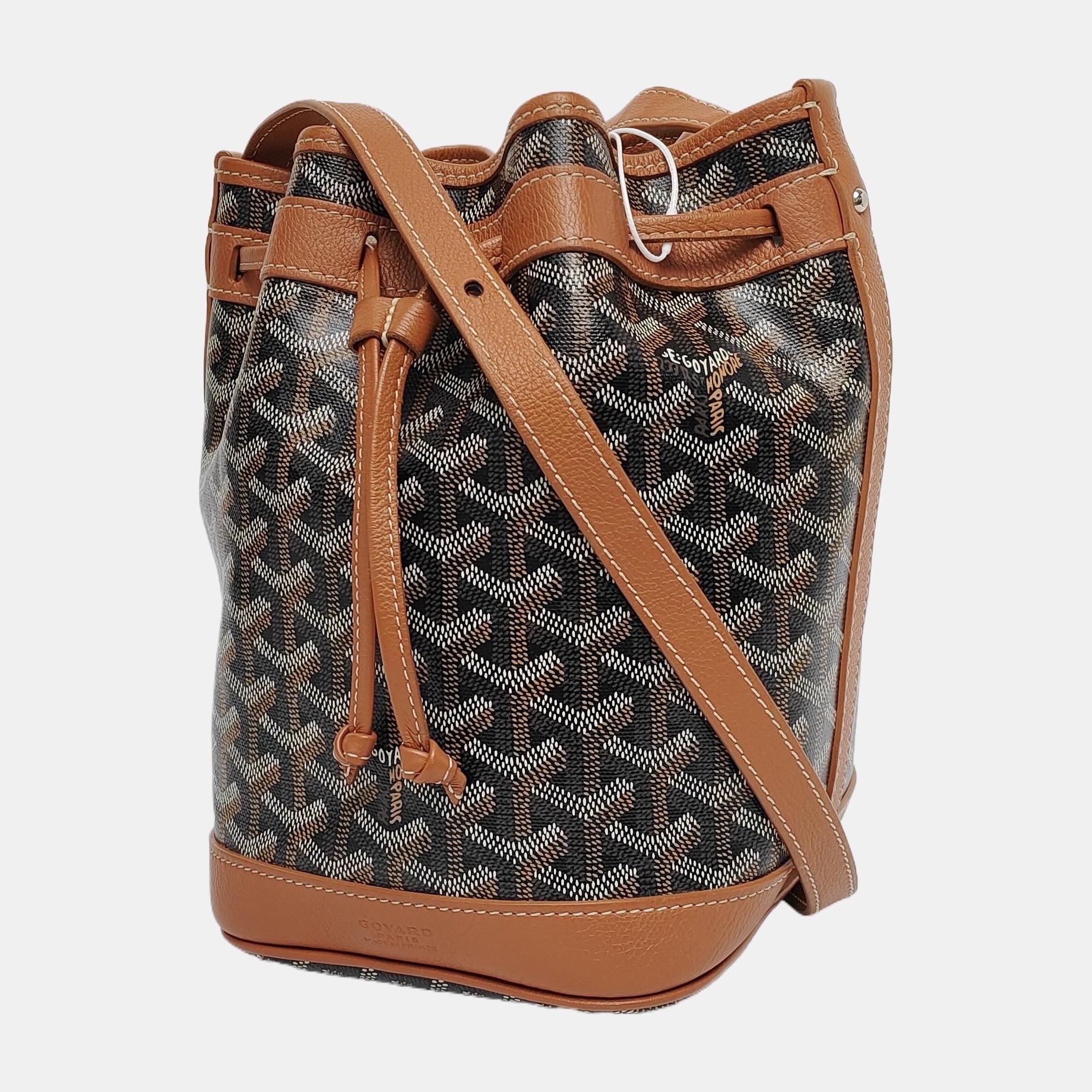 Goyard Petit Flot Drawstring Bucket Bag Brown Goyardine Crossbody Bag In New Condition In AUBERVILLIERS, FR