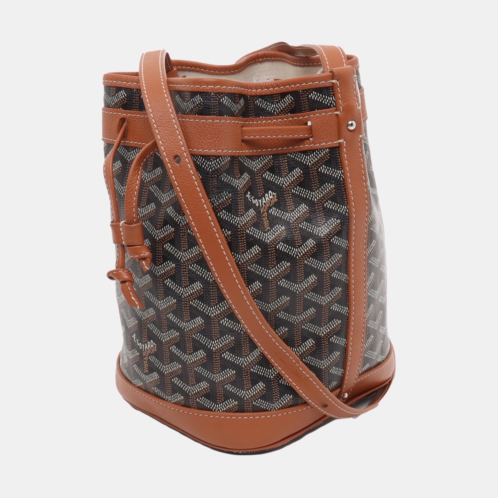 Goyard Petit Flot Drawstring Bucket Bag Brown Goyardine Crossbody Bag In Good Condition For Sale In AUBERVILLIERS, FR