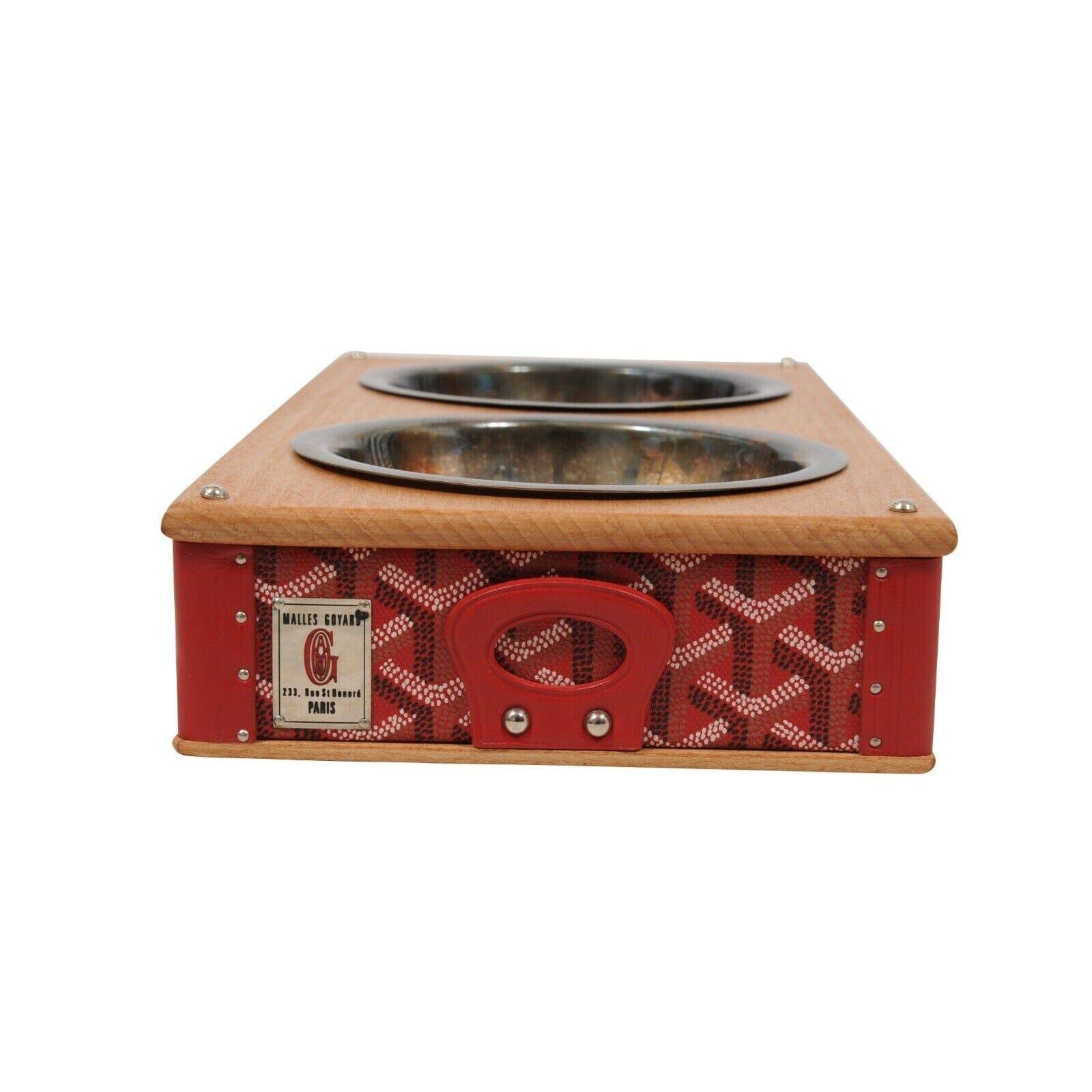 Goyard Red Edmond Double Dog Cat Bowl Hard Sided Trunk Discontinued Palladium In Excellent Condition For Sale In North Miami, FL