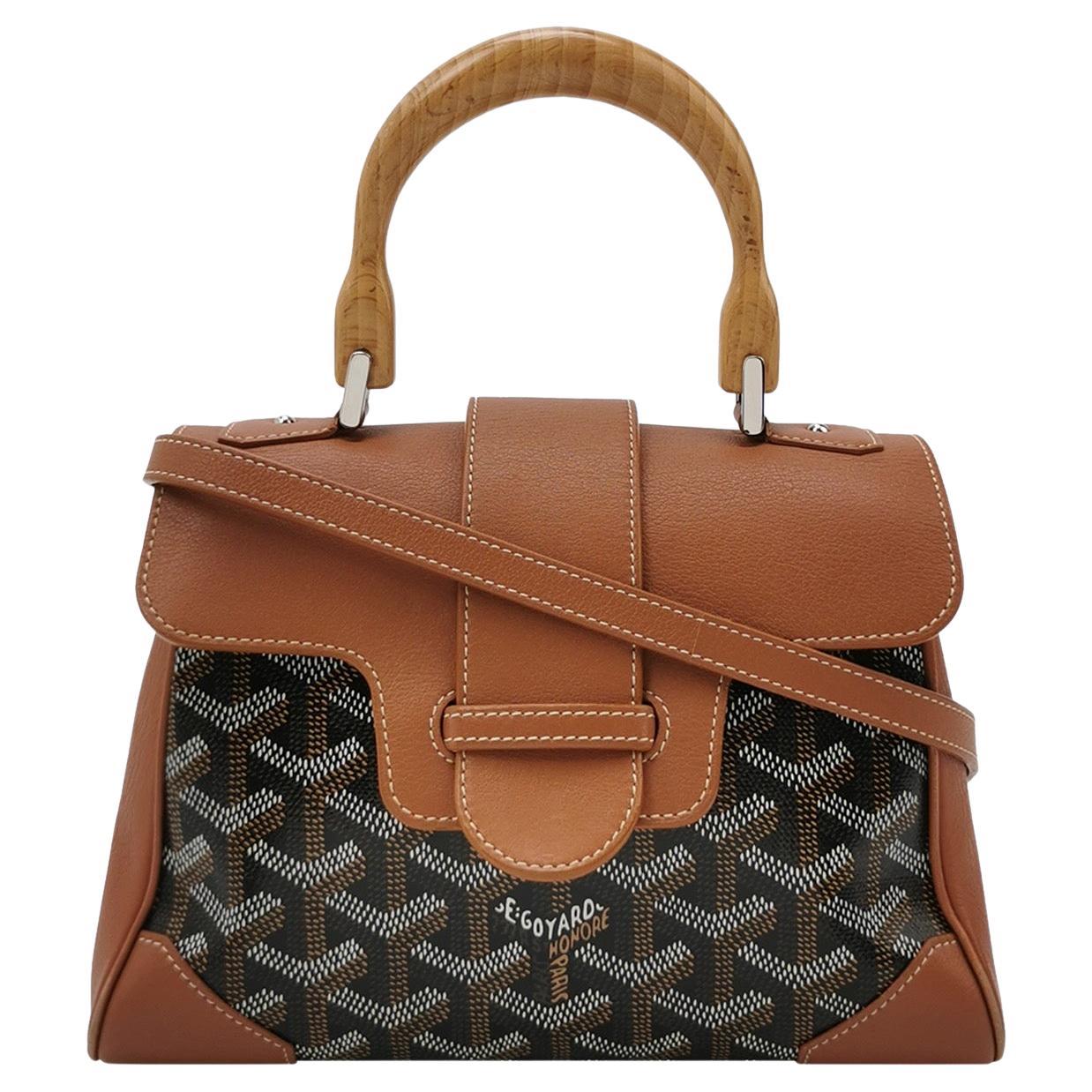 Goyard Saigon Mini Brown Canvas and Leather Wooden Top Handle Crossbody Bag en vente