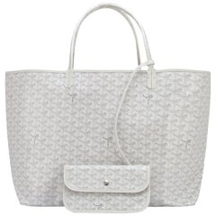 Used Goyard White St Louis GM Chevron Leather Canvas Tote Bag NEW Gift