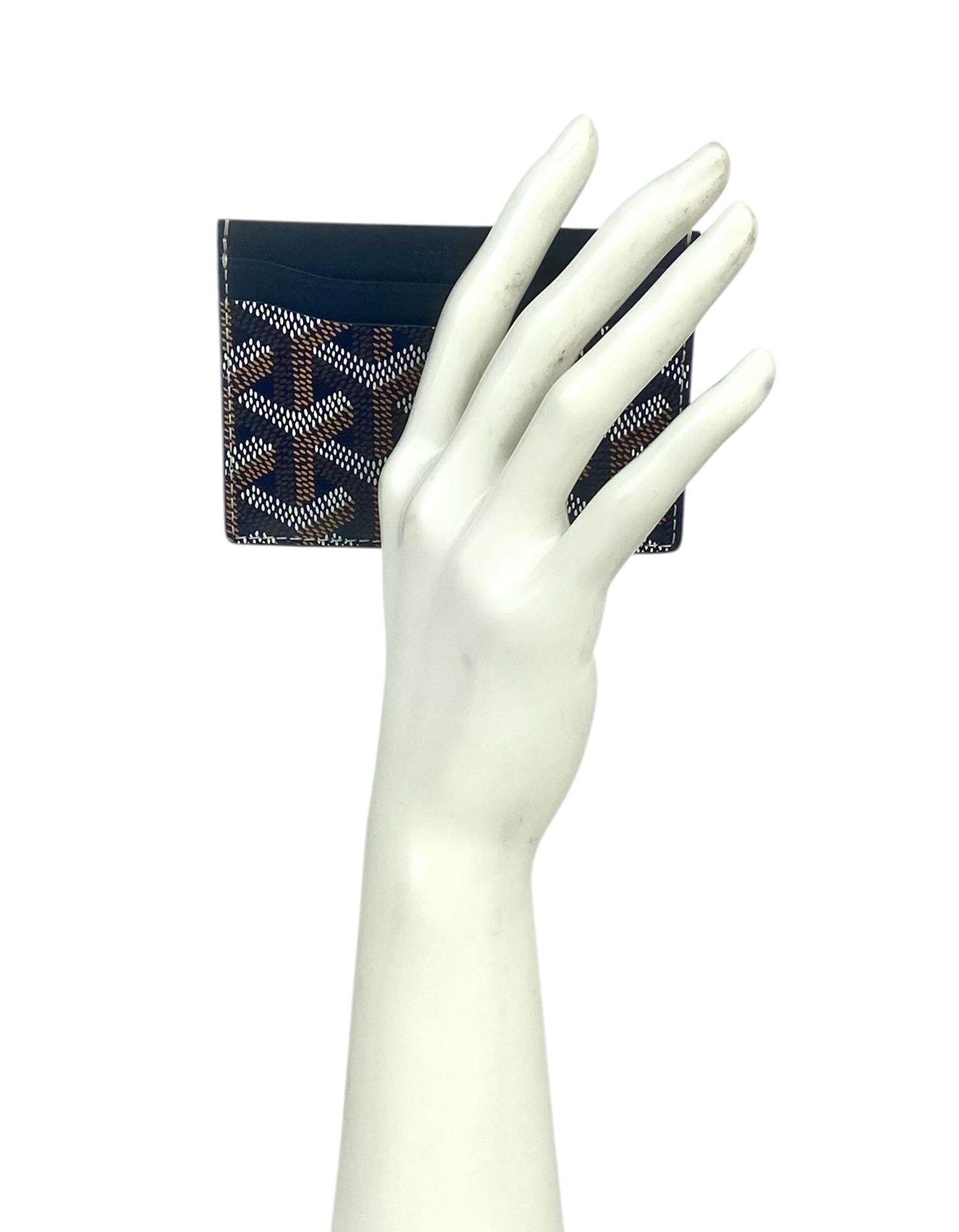 Goyardine Navy Goyardine Canvas Saint Sulpice Card Holder

Color: Navy
Materials: Canvas and leather 
Four credit card slots and middle card/compartment slot
Overall Condition: Excellent

Measurements:
4.25
