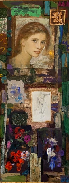 Acuarela. Mixed media on wood panel painting. Beautiful head's woman and flowers