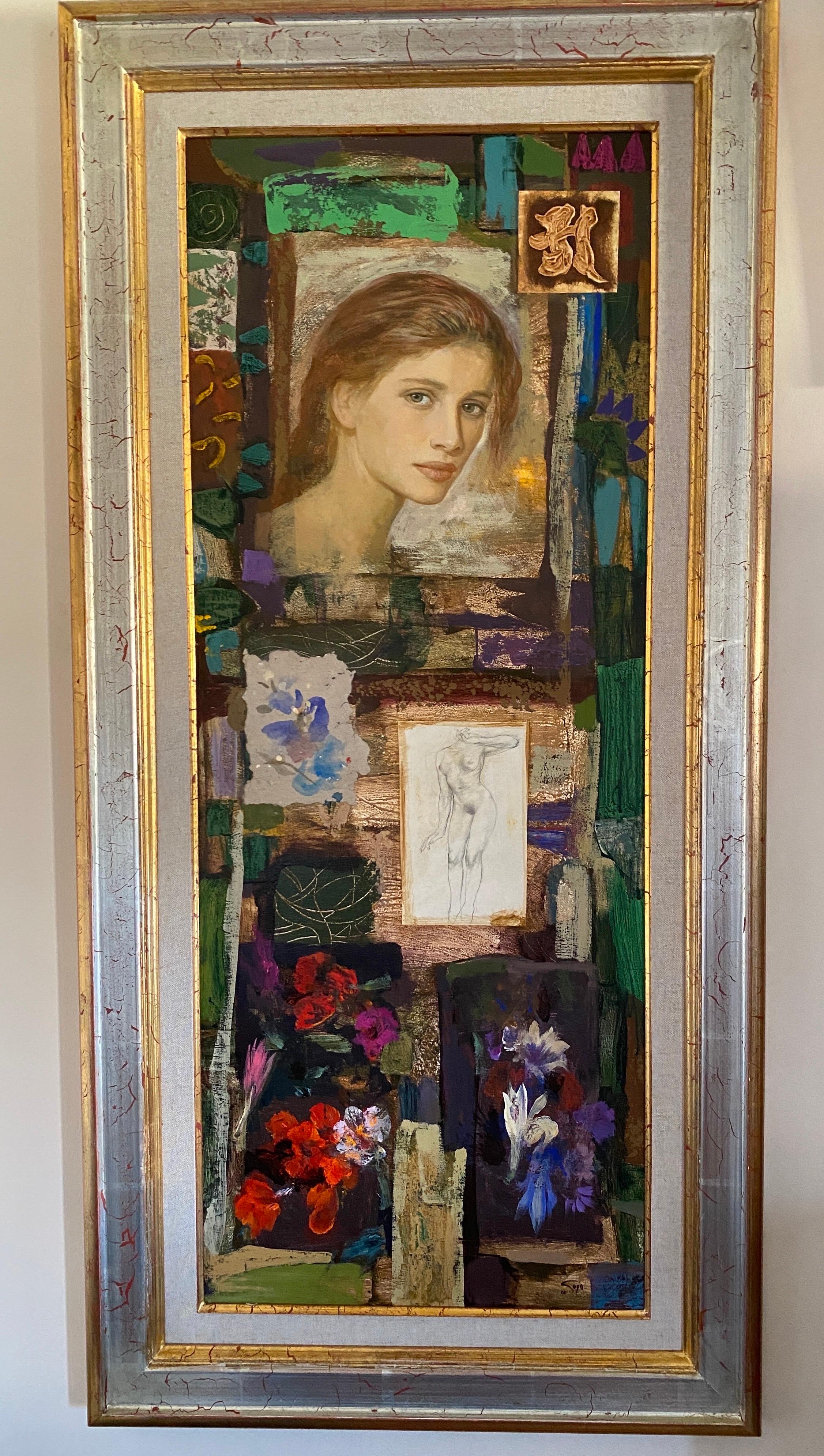 Acuarela. Gemälde in Mischtechnik auf Holzplatte. Kopffrau und Blumen von schönem Kopf (Sonstige Kunststile), Painting, von Goyo Dominguez