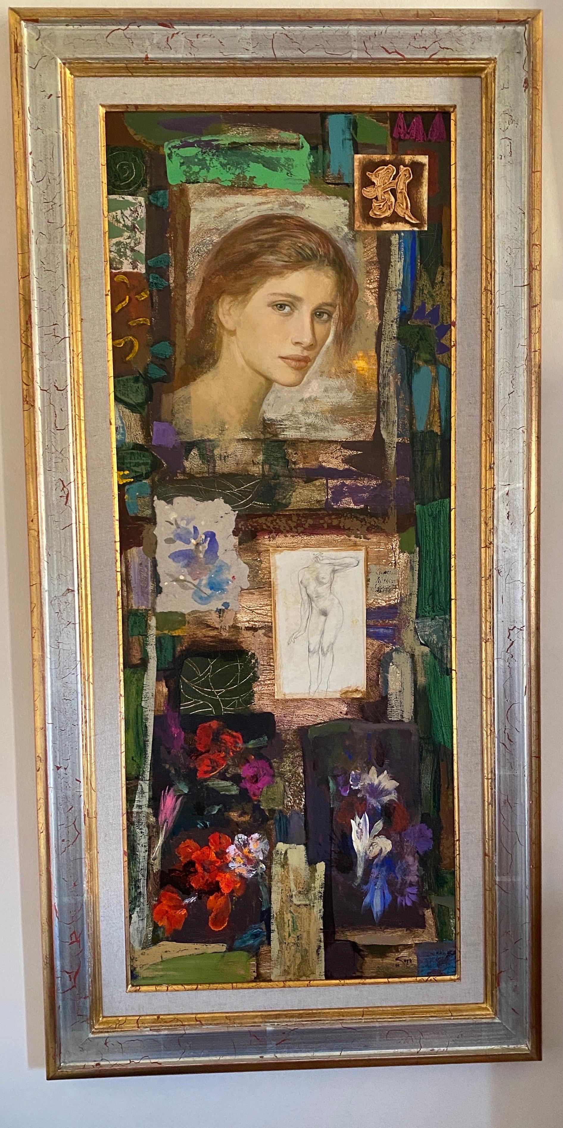 Acuarela. Gemälde in Mischtechnik auf Holzplatte. Kopffrau und Blumen von schönem Kopf (Gold), Figurative Painting, von Goyo Dominguez