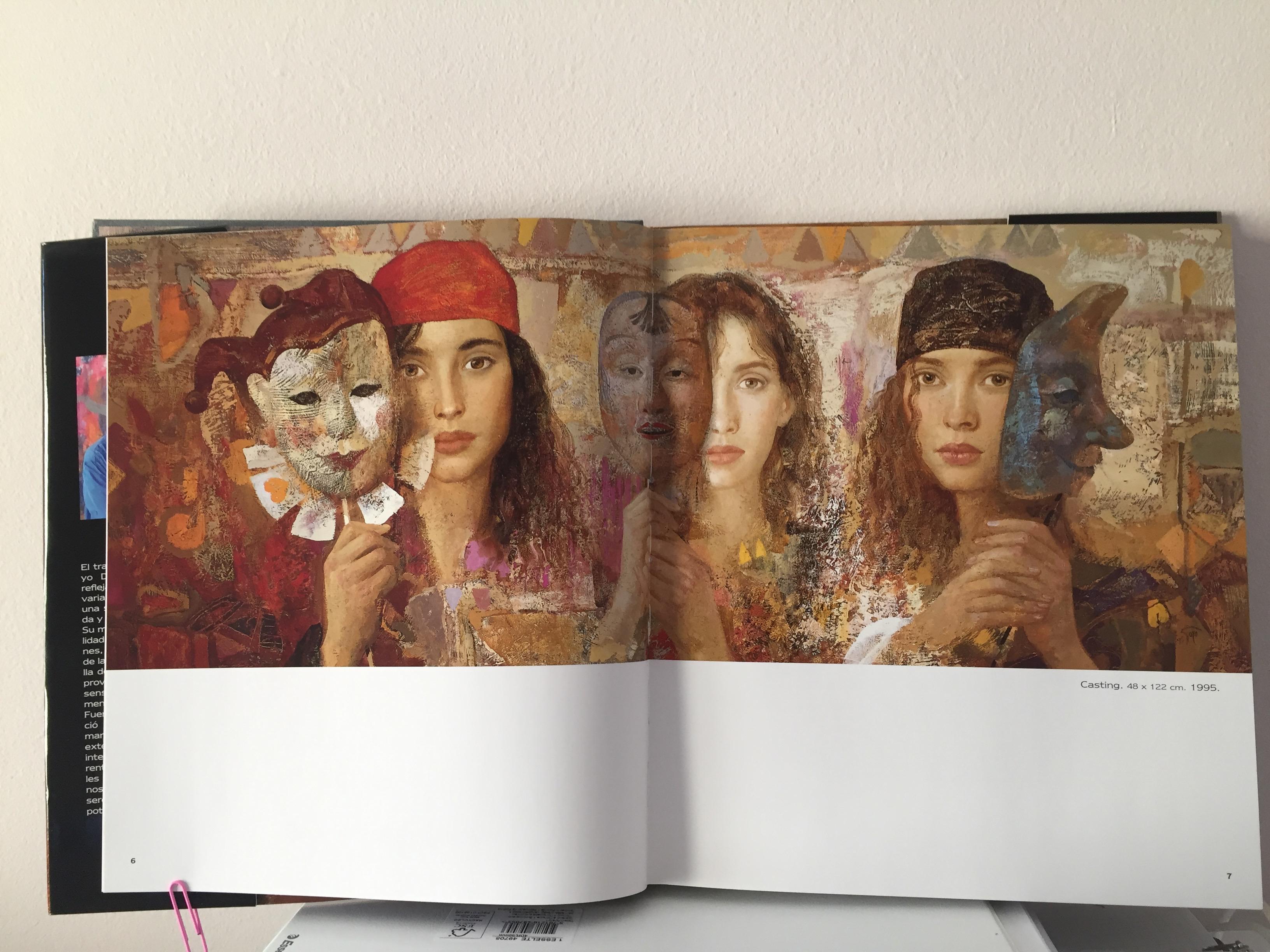 Casting, figurative painting (beautiful women and colorful masks)  For Sale 3