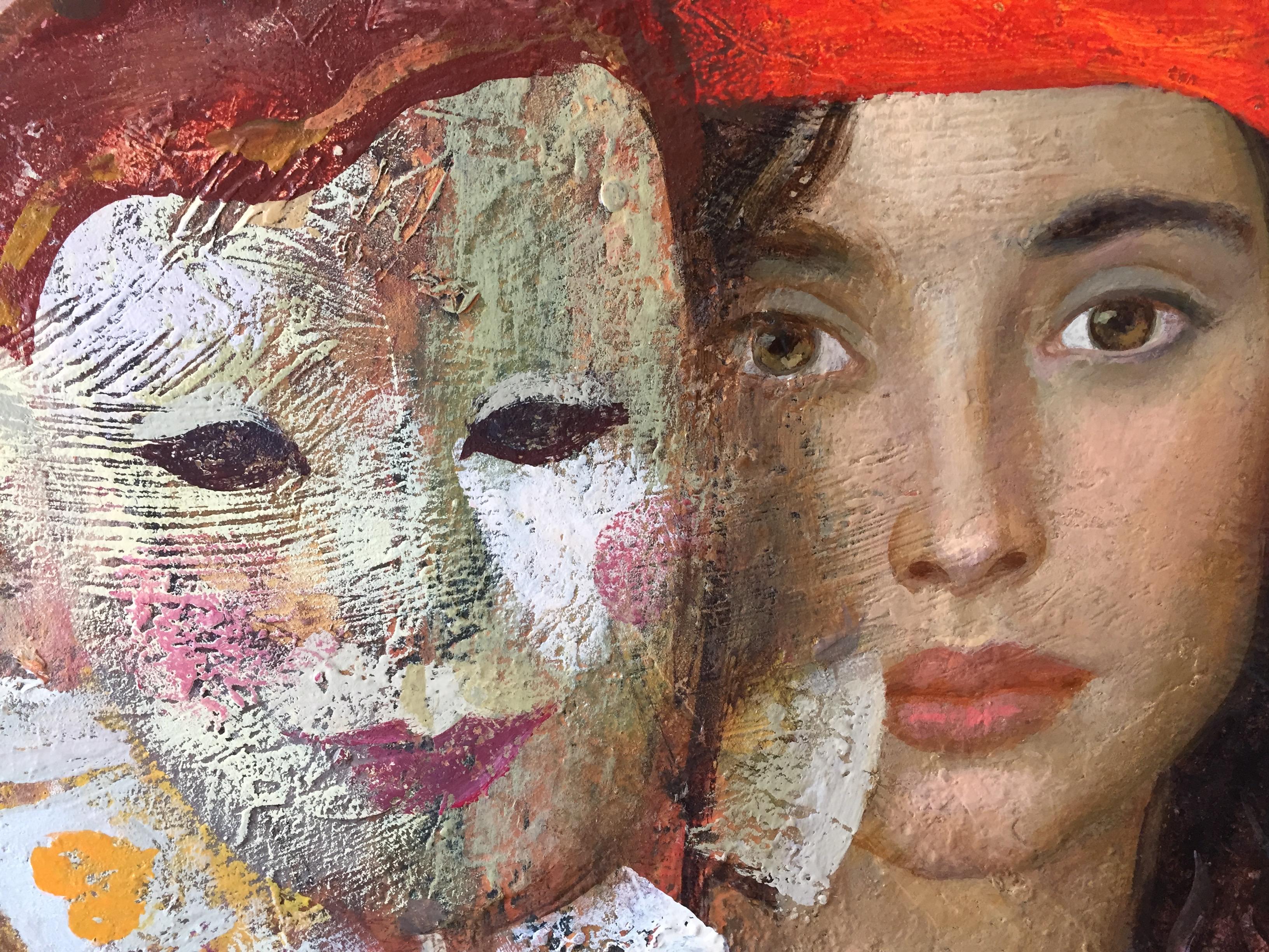 Casting, figurative painting (beautiful women and colorful masks)  - Painting by Goyo Dominguez