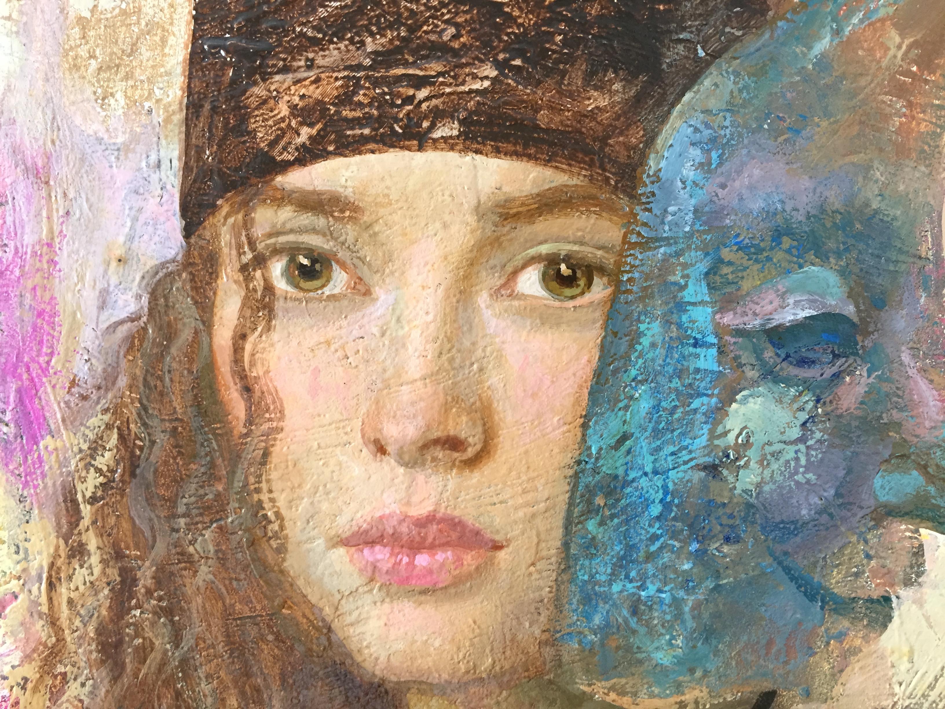Casting, figurative Malerei (schöne Frauen und farbenfrohe Masken)  (Braun), Portrait Painting, von Goyo Dominguez