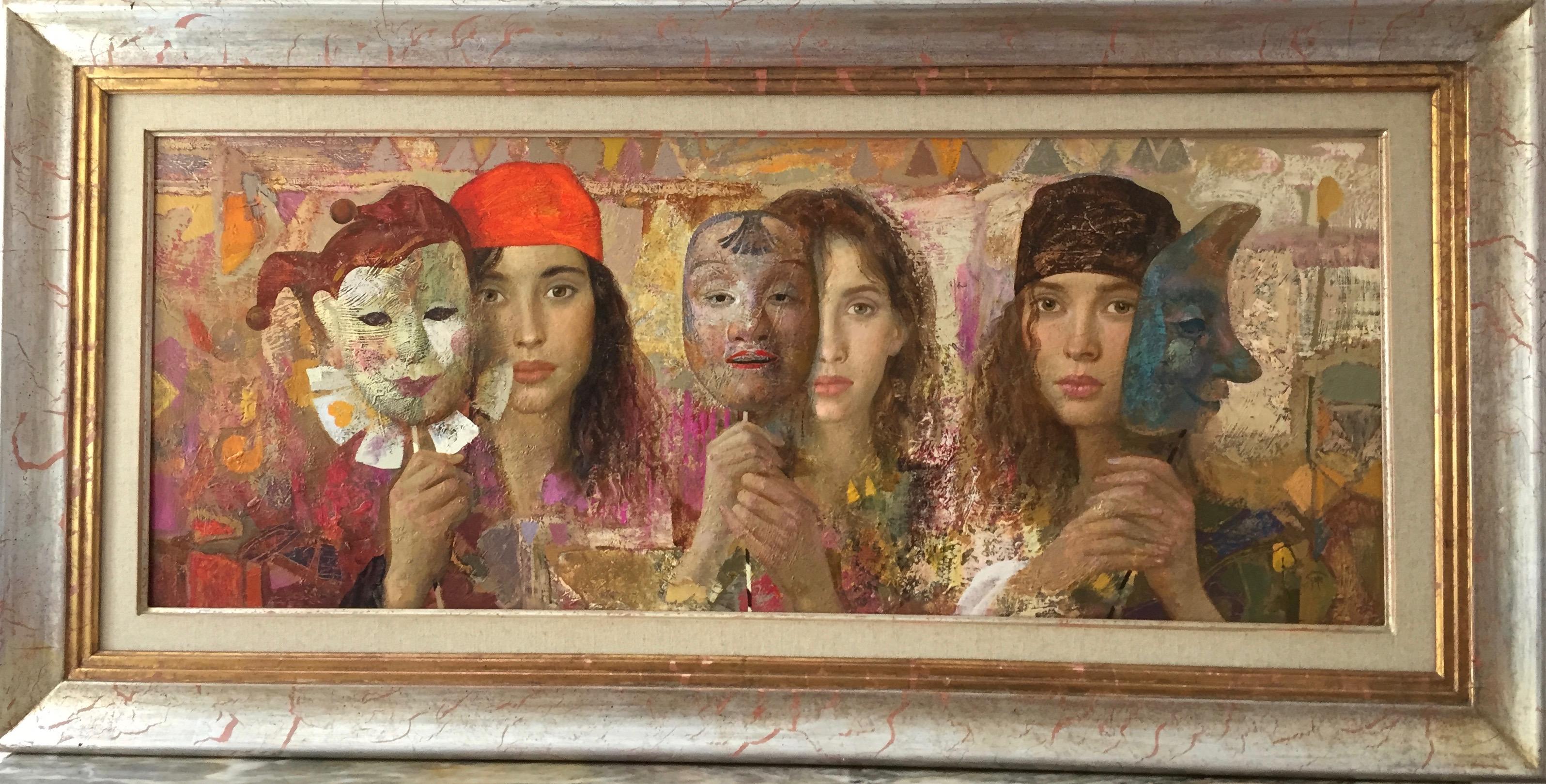 Casting, figurative painting (beautiful women and colorful masks)  - Brown Portrait Painting by Goyo Dominguez