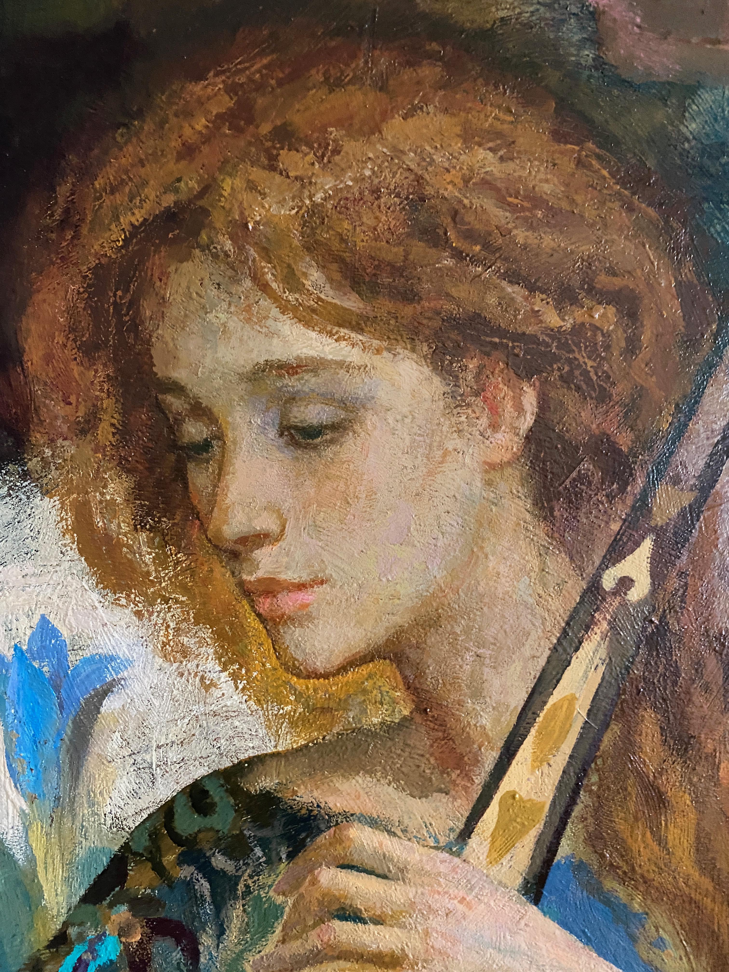 Musa II. Hermosa mujer tocando un instrumento y naturaleza muerta

 fue pintado por Goyo en 1997. La fecha y la firma aparecen en la esquina inferior izquierda. Está realizada con acrílicos en un panel de madera de 122 x 66,5 cm. Enmarcado mide 148