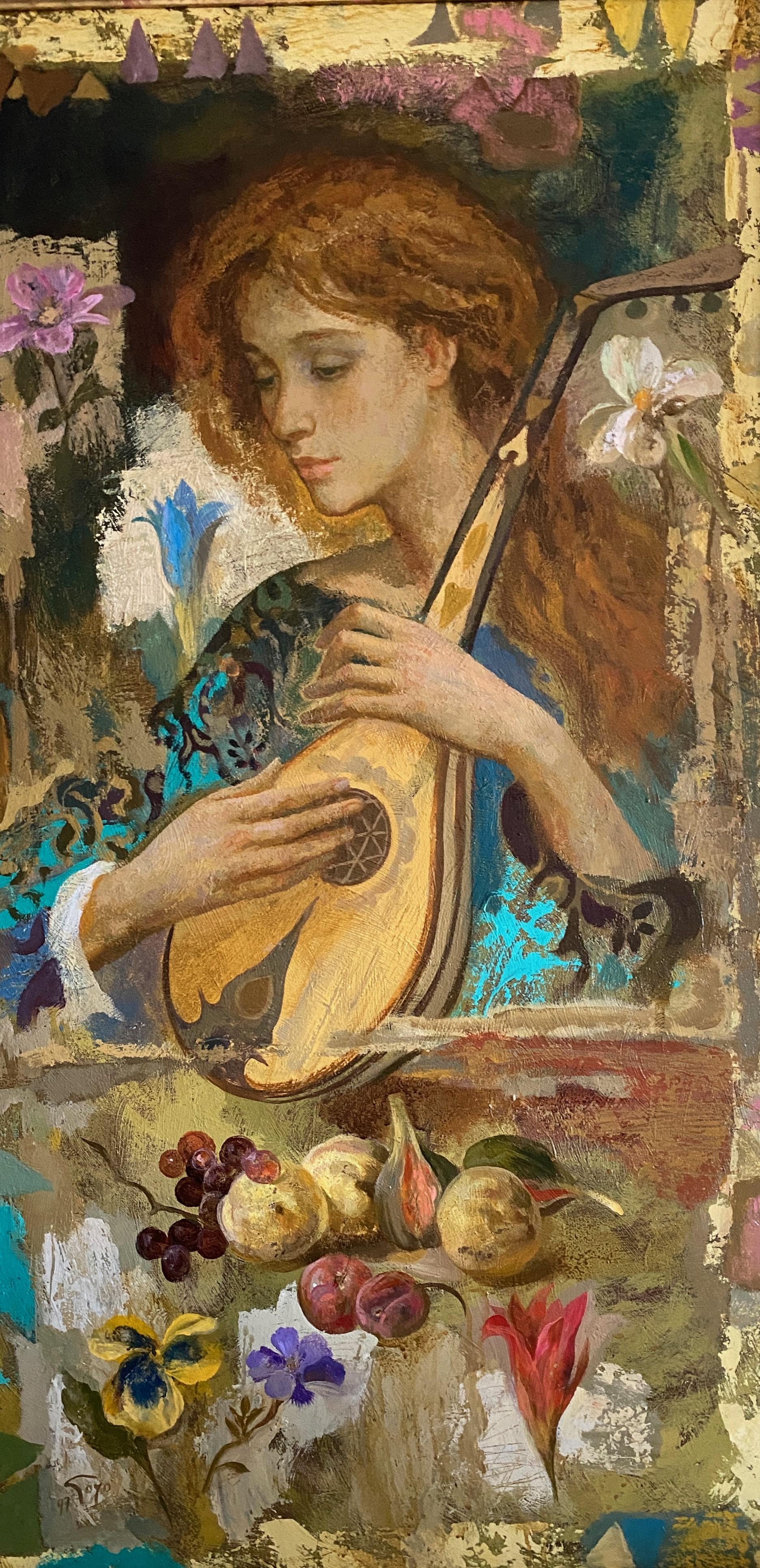 Musa II. Beautiful woman playing instrument. Still life on abstract background 