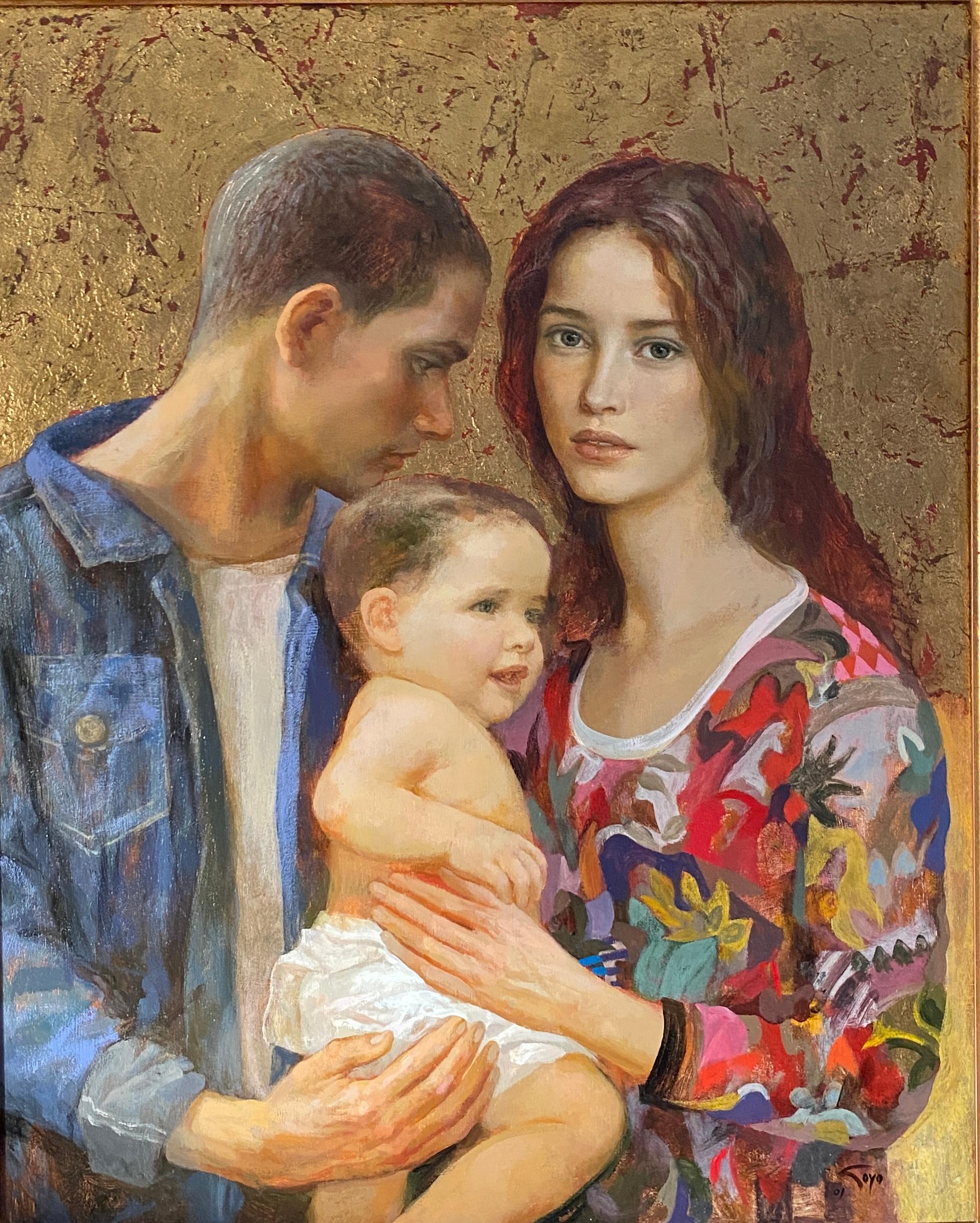 Goyo Dominguez Figurative Painting - "Navidad".  Figurative painting inspired in Christmas and a modern Holy Family
