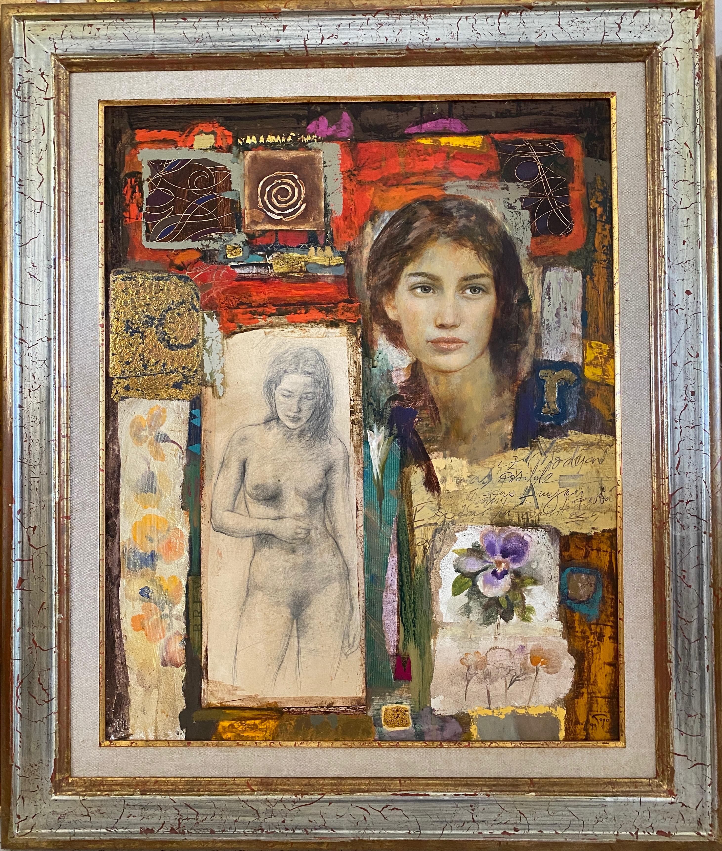 Raquel. Retratos figurativos de mujer sobre fondo abstracto. - Painting de Goyo Dominguez