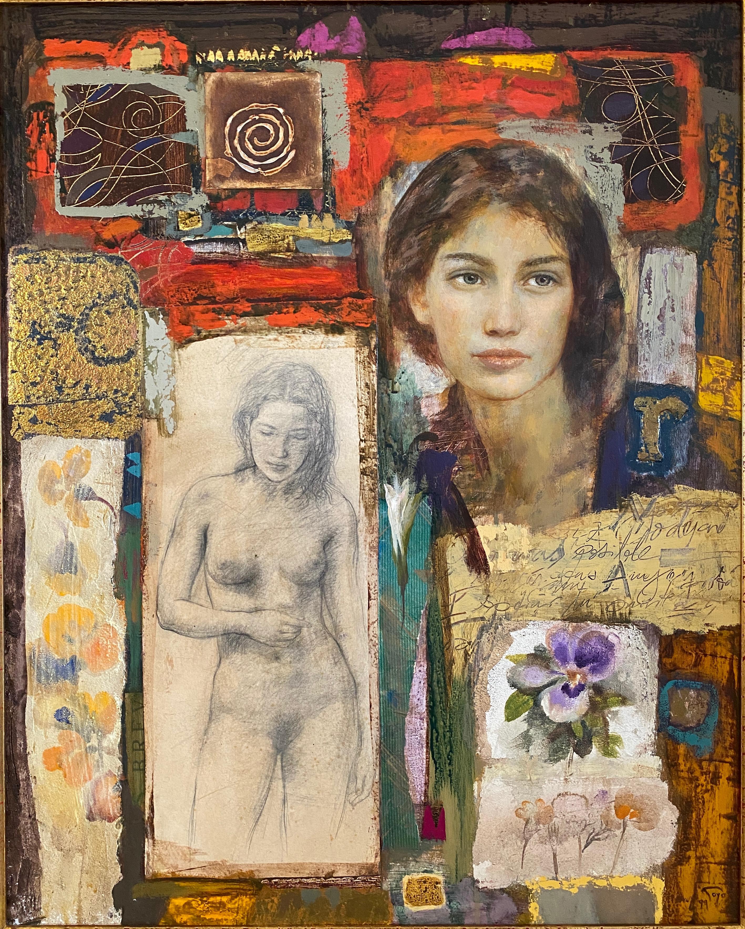 Raquel. Portraits de femmes figuratives sur fond abstrait.  - Maîtres anciens Painting par Goyo Dominguez