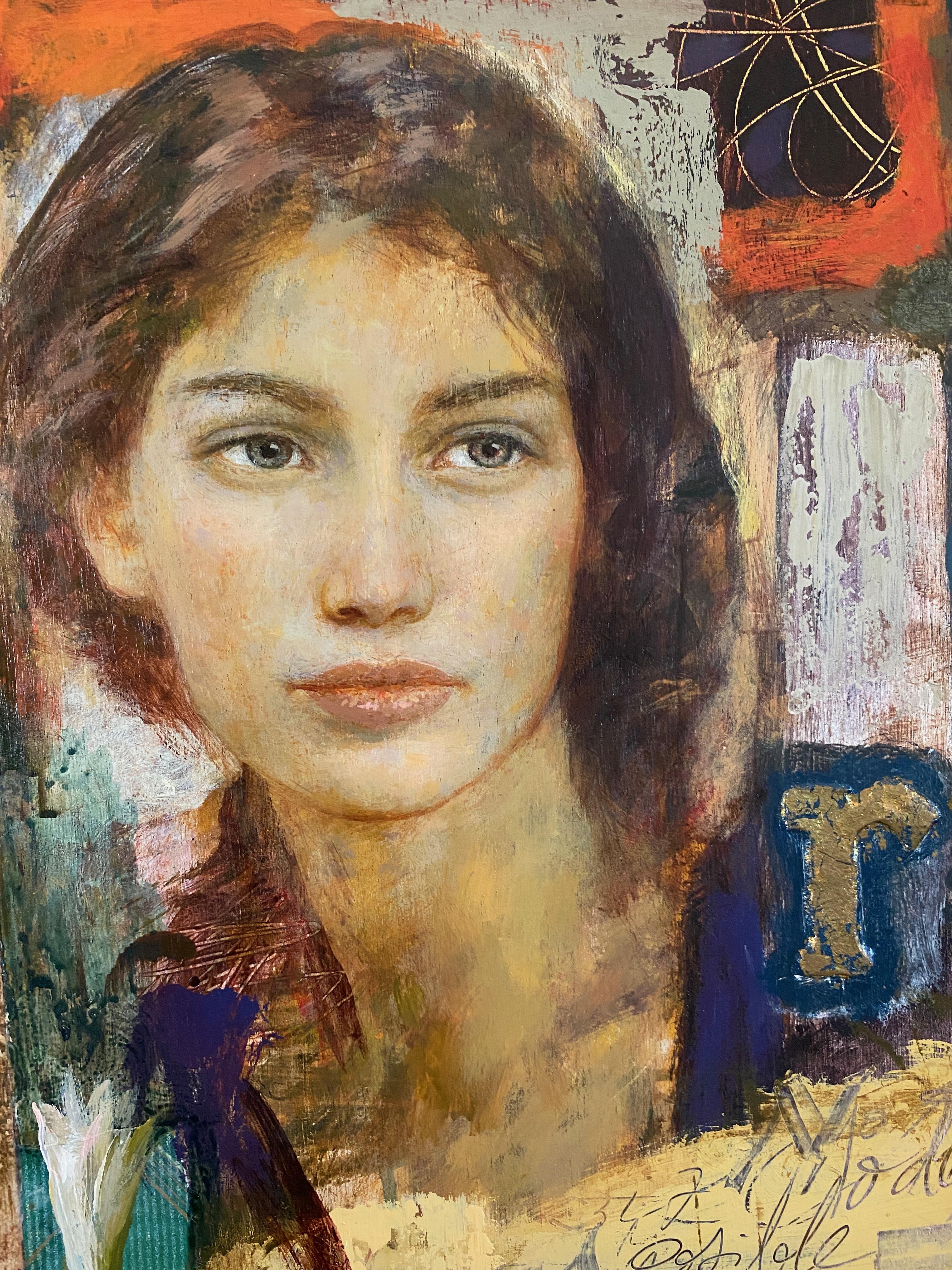 Raquel. Retratos figurativos de mujer sobre fondo abstracto. - Figurative Painting Marrón de Goyo Dominguez