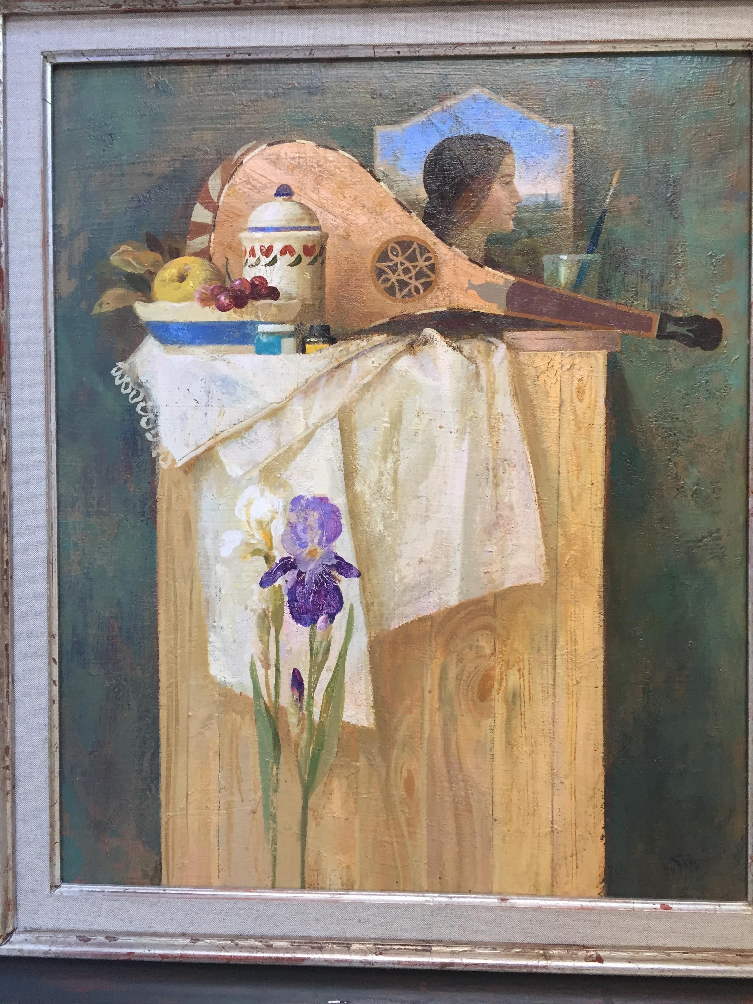 Pittura figurativa. Natura morta con ritratto di profilo e strumento antico in vendita 3