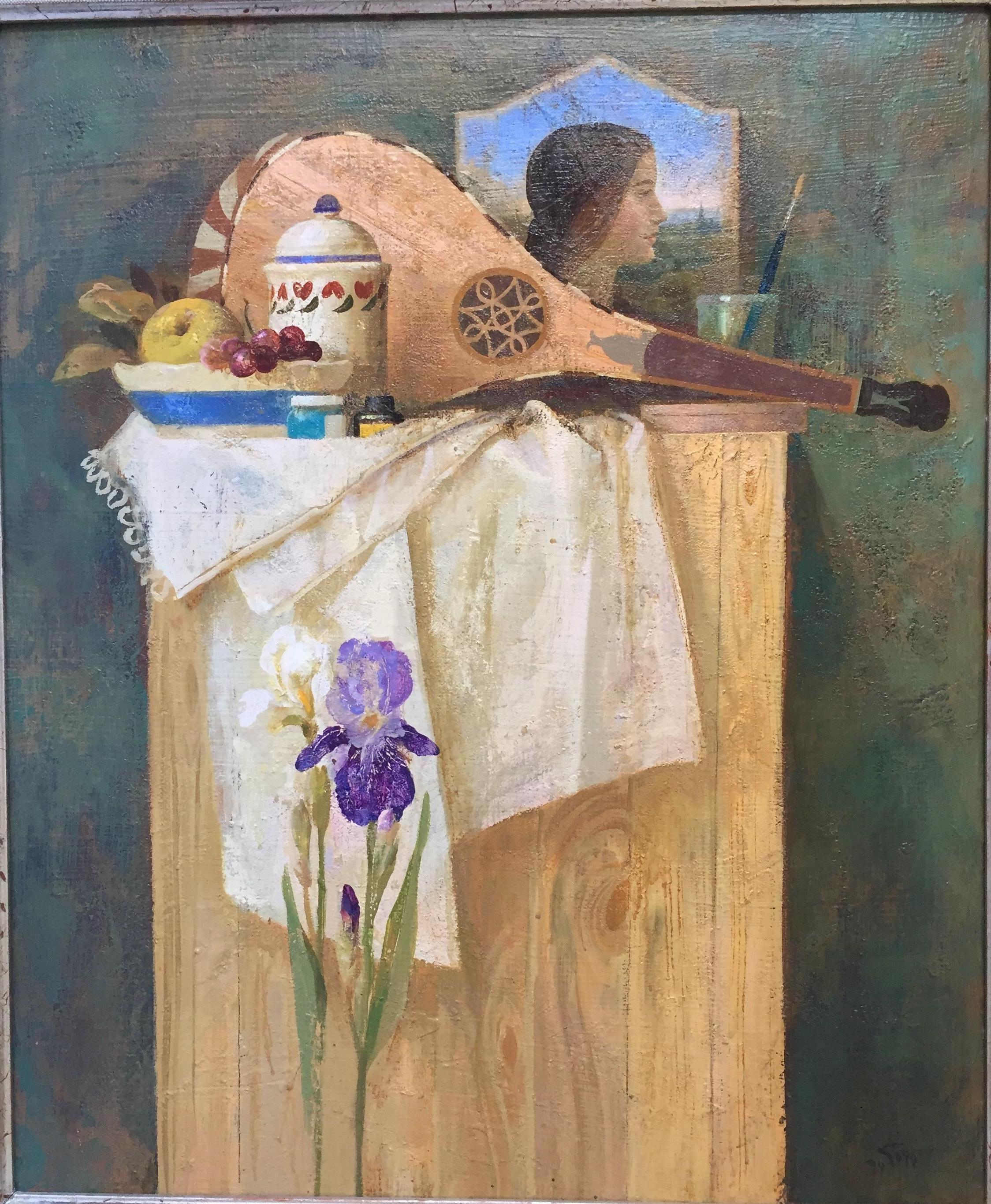 Figurative Painting. Still-life with a profile portrait, and old instrument 