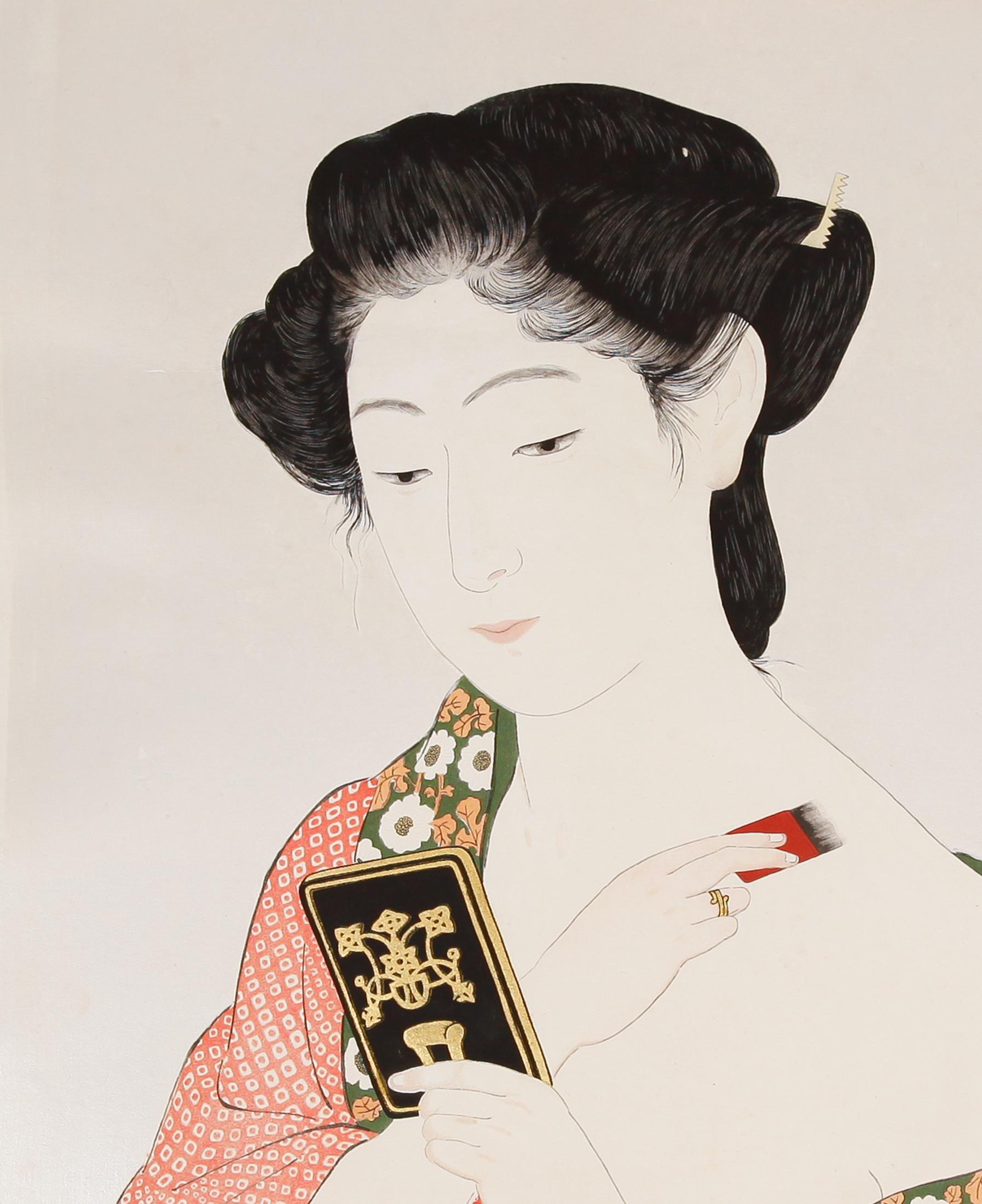 Hand-Crafted Goyo Hashiguchi, Mirror, Original Japanese Woodblock Print, Beauty, Shin Hanga For Sale