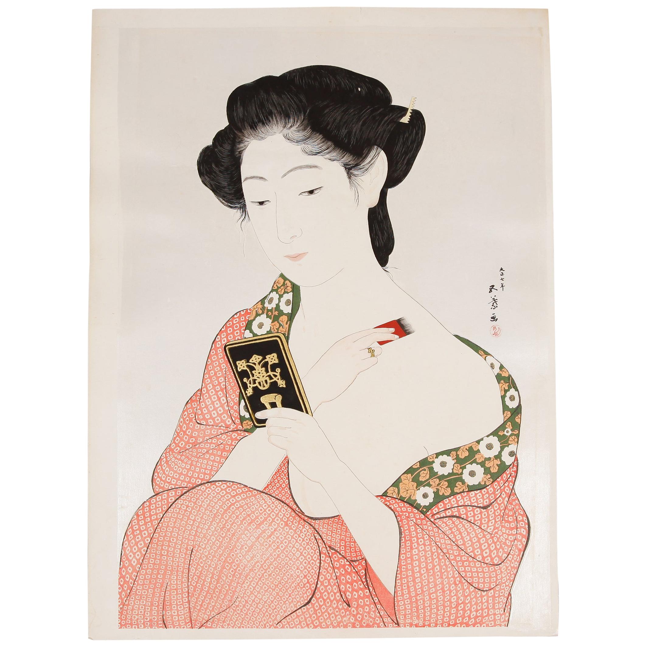 Goyo Hashiguchi, Mirror, Original Japanese Woodblock Print, Beauty, Shin Hanga For Sale