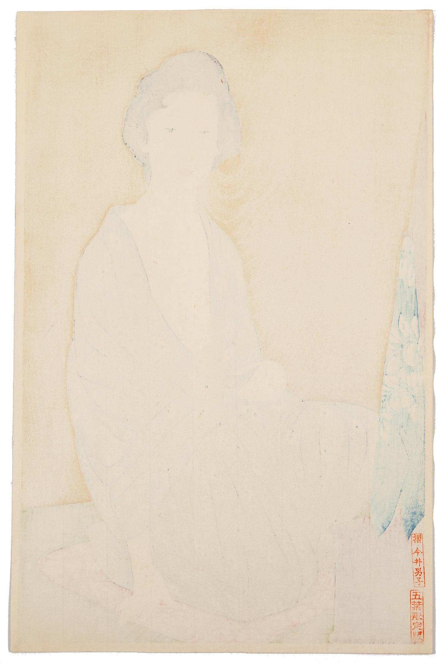 Artist: Goyo Hashiguchi (1880-1921)
Title: A Portrait of Tsuru Nakatani in Summer Kimono
Date: 1920
Edition: Goyo special edition [sealed goyo gentei ban]
Dimensions: 28.9 x 44.7 cm 

Tsuru Nakatani, Goyo's favourite model, rests before a