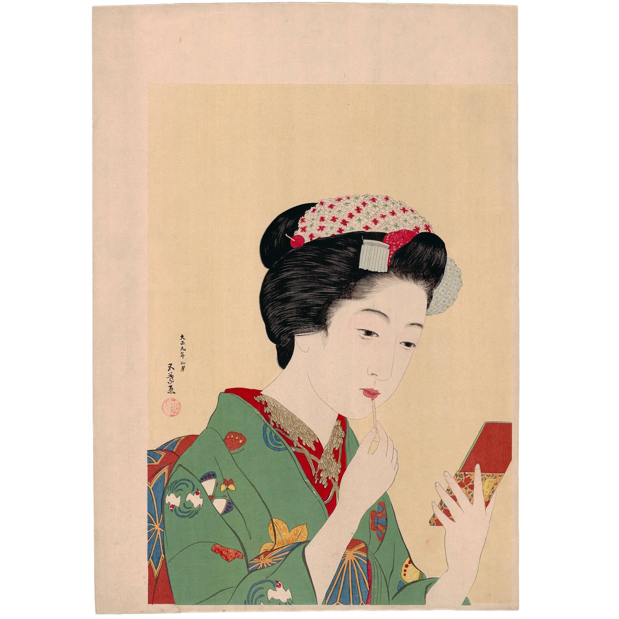 Goyo Hashiguchi, Maiko, Mirror, Kimono, Kyoto, Ukiyo e, Japanese Woodblock Print For Sale