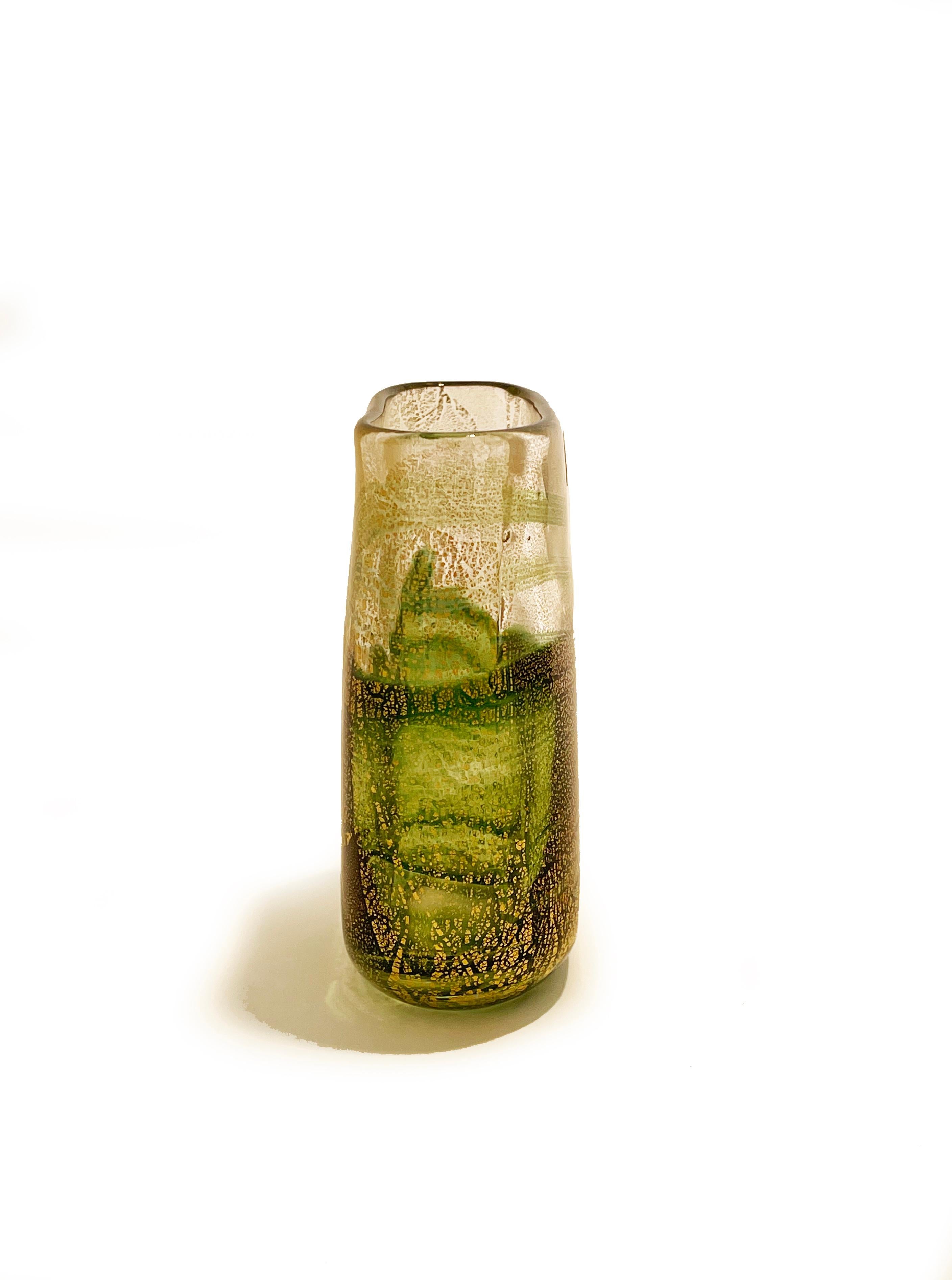 Mid-Century Modern Gozo Maltese Green & Gold Leaf Glass Vase by Michael Harris, 1980s, Italy