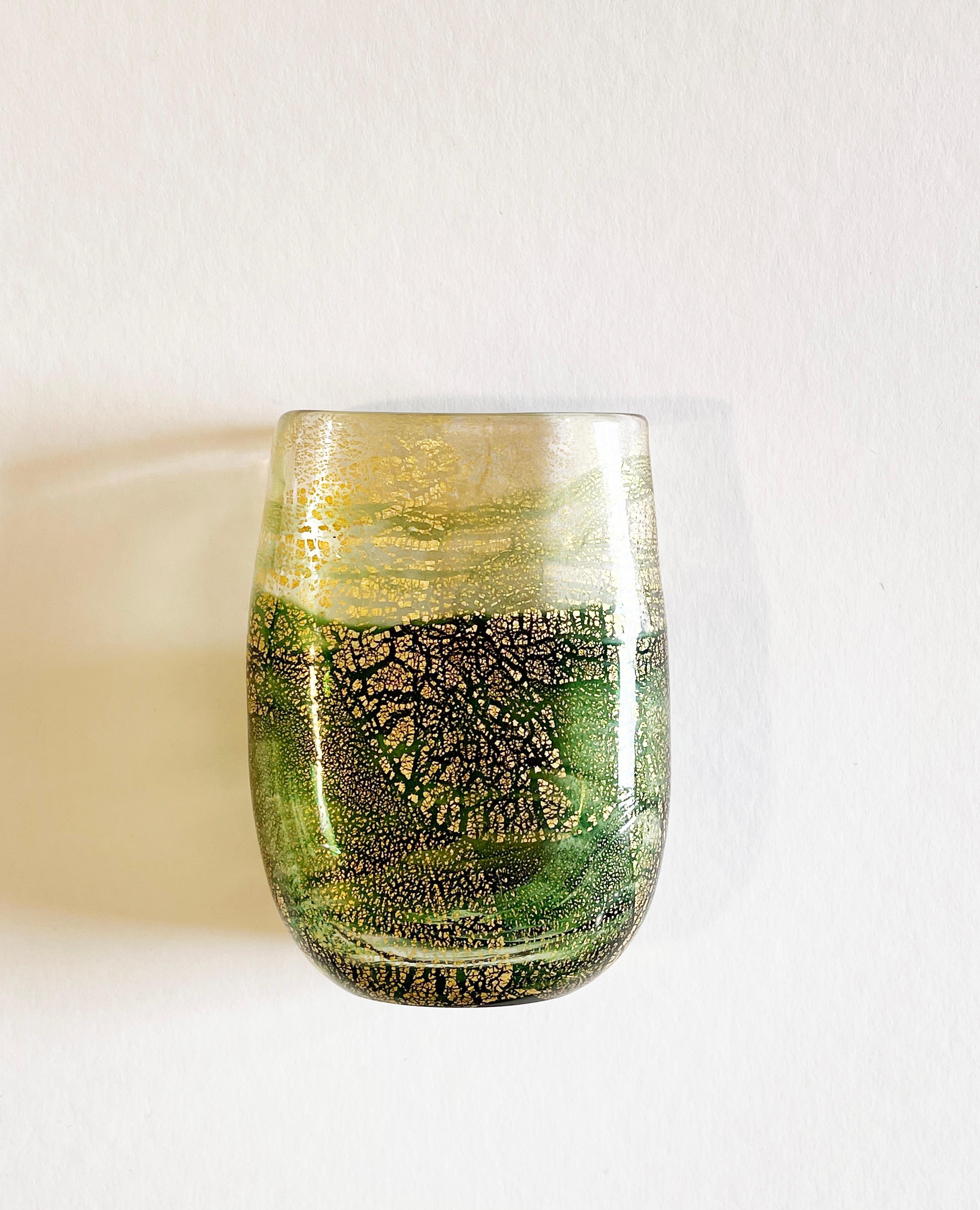 Italian Gozo Maltese Green & Gold Leaf Glass Vase by Michael Harris, 1980s, Italy