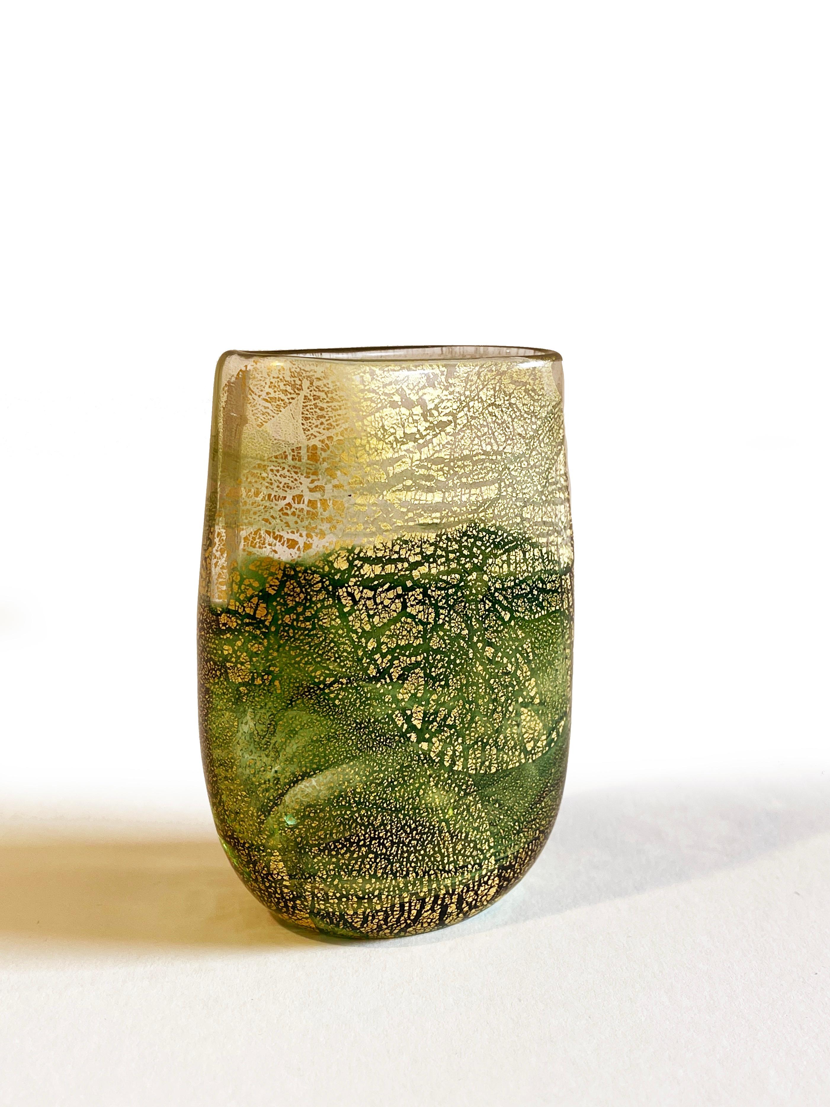 Hand-Crafted Gozo Maltese Green & Gold Leaf Glass Vase by Michael Harris, 1980s, Italy