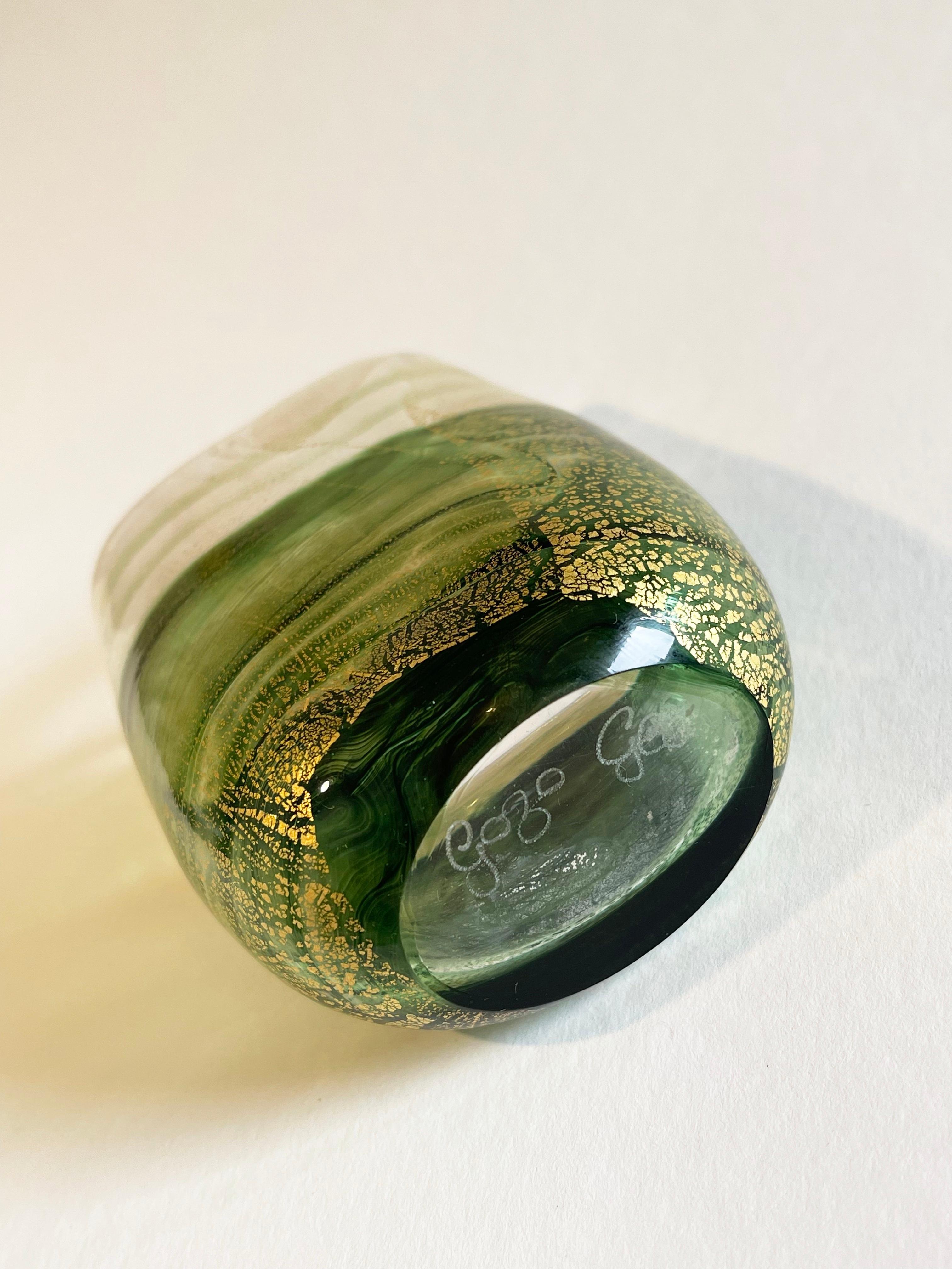 Late 20th Century Gozo Maltese Green & Gold Leaf Glass Vase by Michael Harris, 1980s, Italy