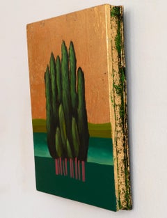 Arbres de cyprès sur feuilles d'or - Peinture surréaliste en techniques mixtes avec matériaux recyclés