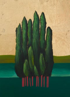 Cipreses sobre pan de oro - Pintura surrealista en técnica mixta con material reciclado