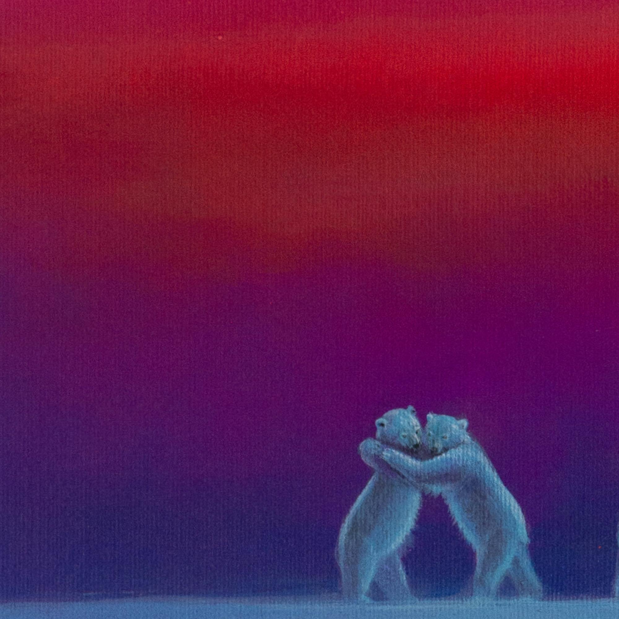 Orsi danzanti al crepuscolo, paesaggio onirico contemporaneo con motivo animale stilizzato in vendita 1