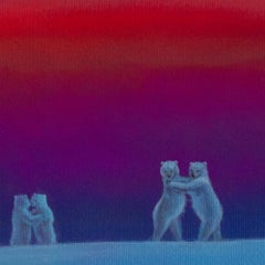 Vintage Surrealist Acrylic Painting on Paper, Dancing Bear Figures at Crimson Horizon