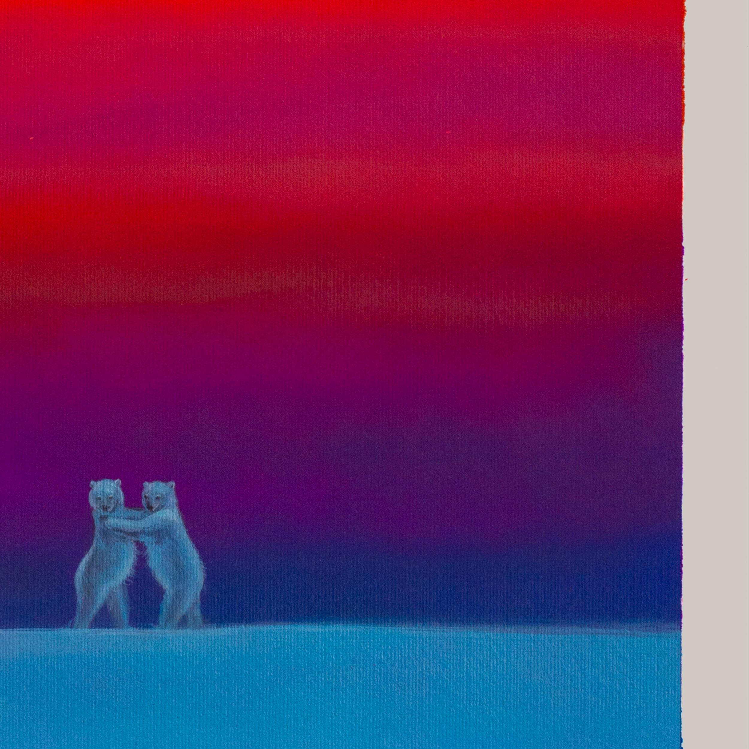 Orsi danzanti al crepuscolo, paesaggio onirico contemporaneo con motivo animale stilizzato - Painting Contemporaneo di Gozo