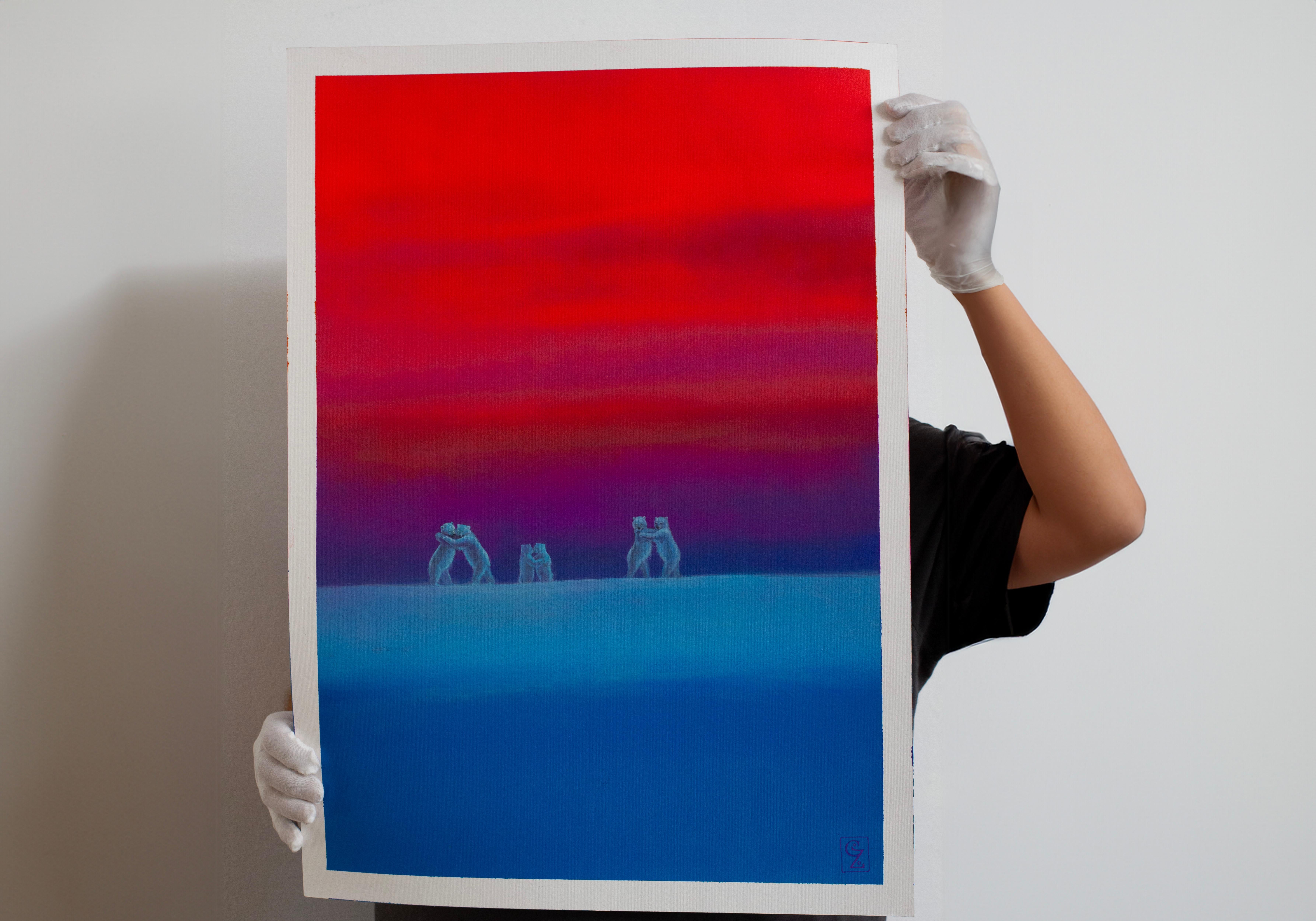 Orsi danzanti al crepuscolo, paesaggio onirico contemporaneo con motivo animale stilizzato - Painting di Gozo