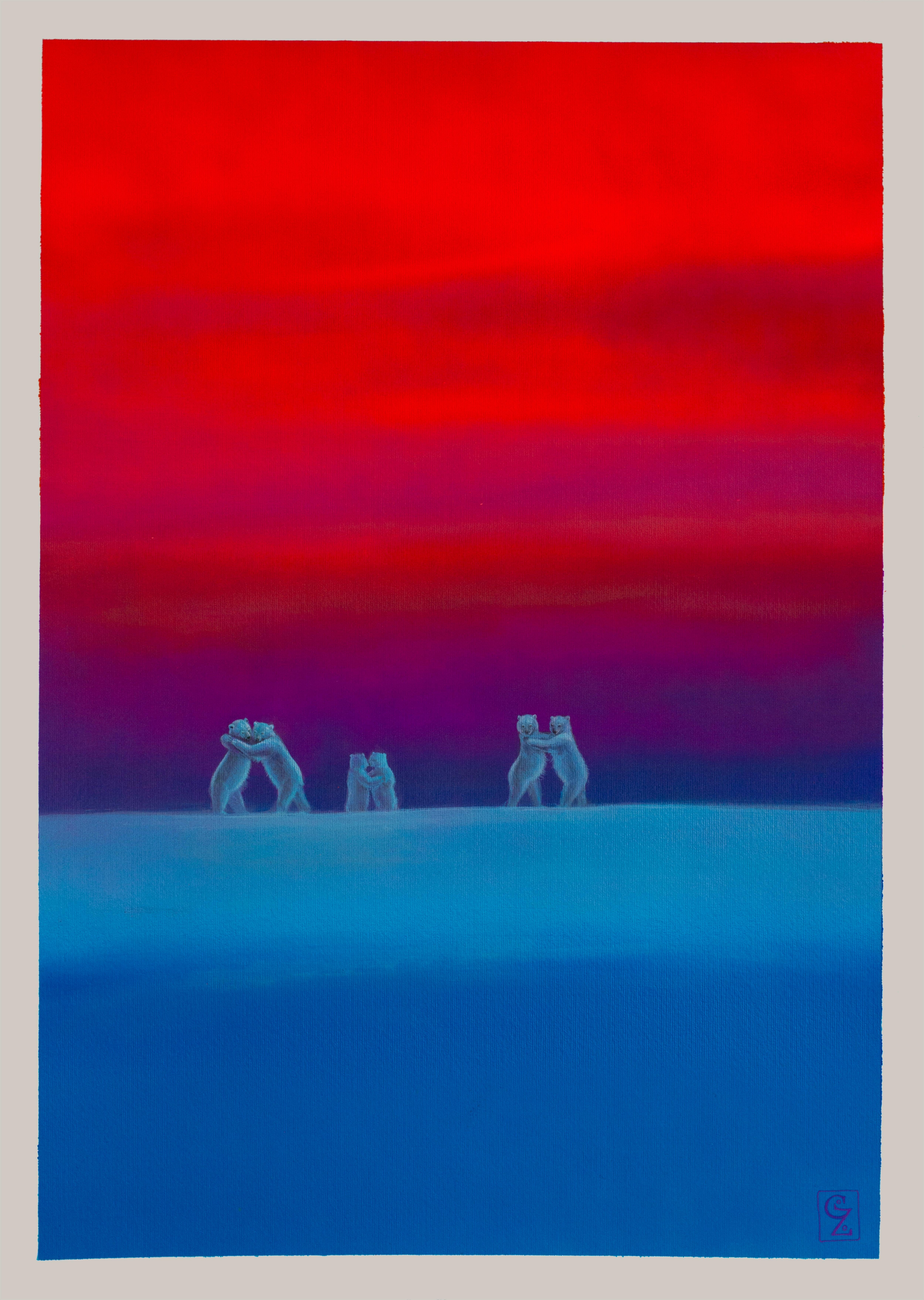 Abstract Painting di Gozo - Orsi danzanti al crepuscolo, paesaggio onirico contemporaneo con motivo animale stilizzato