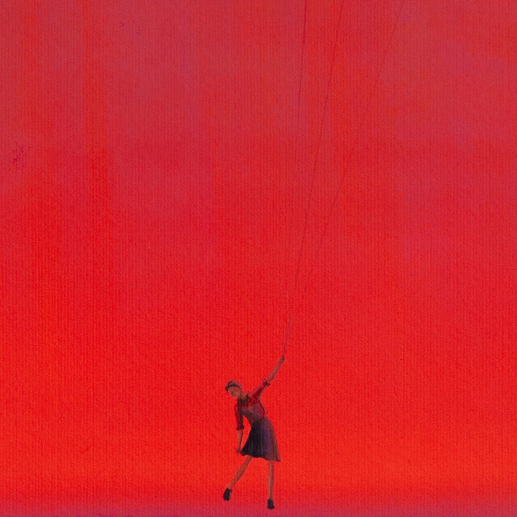 Femme volante dansante au crépuscule - Paysage aux dégradés vibrants, acrylique sur papier en vente 3