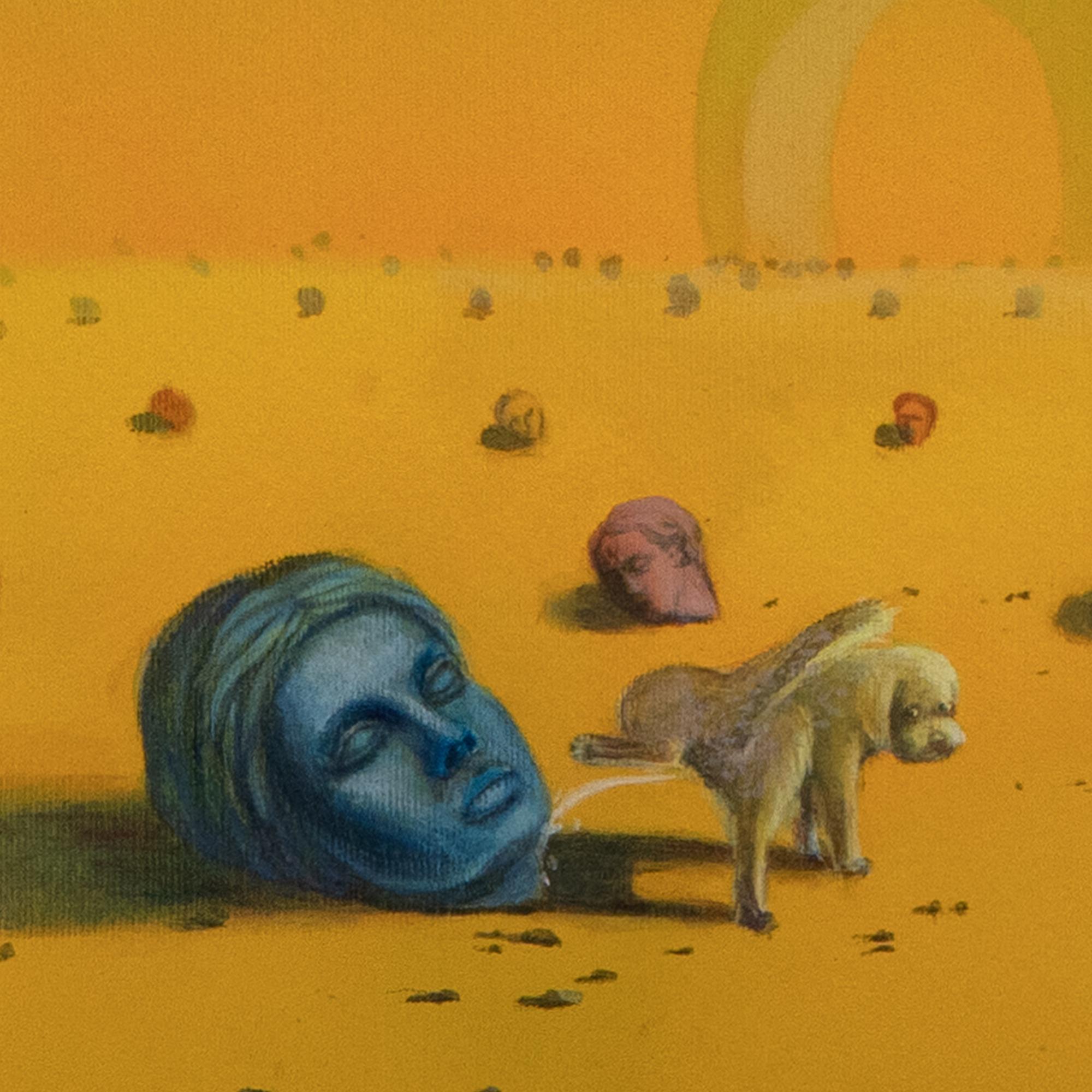 Pittura surreale del deserto con cane e teste scultoree su carta Fabriano incorniciata - Animal Painting Marrone di Gozo