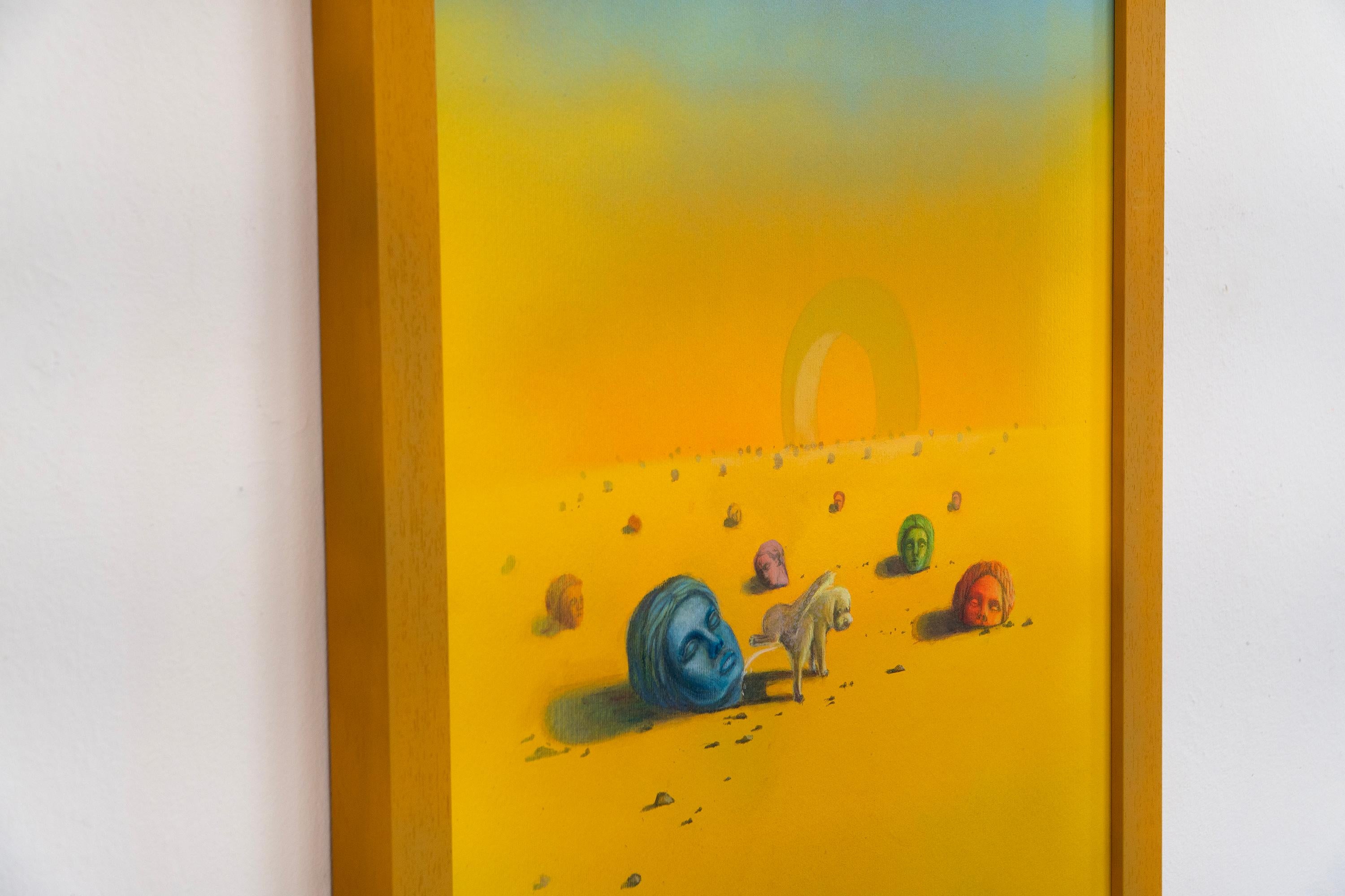 Pittura surreale del deserto con cane e teste scultoree su carta Fabriano incorniciata - Painting Surrealismo di Gozo