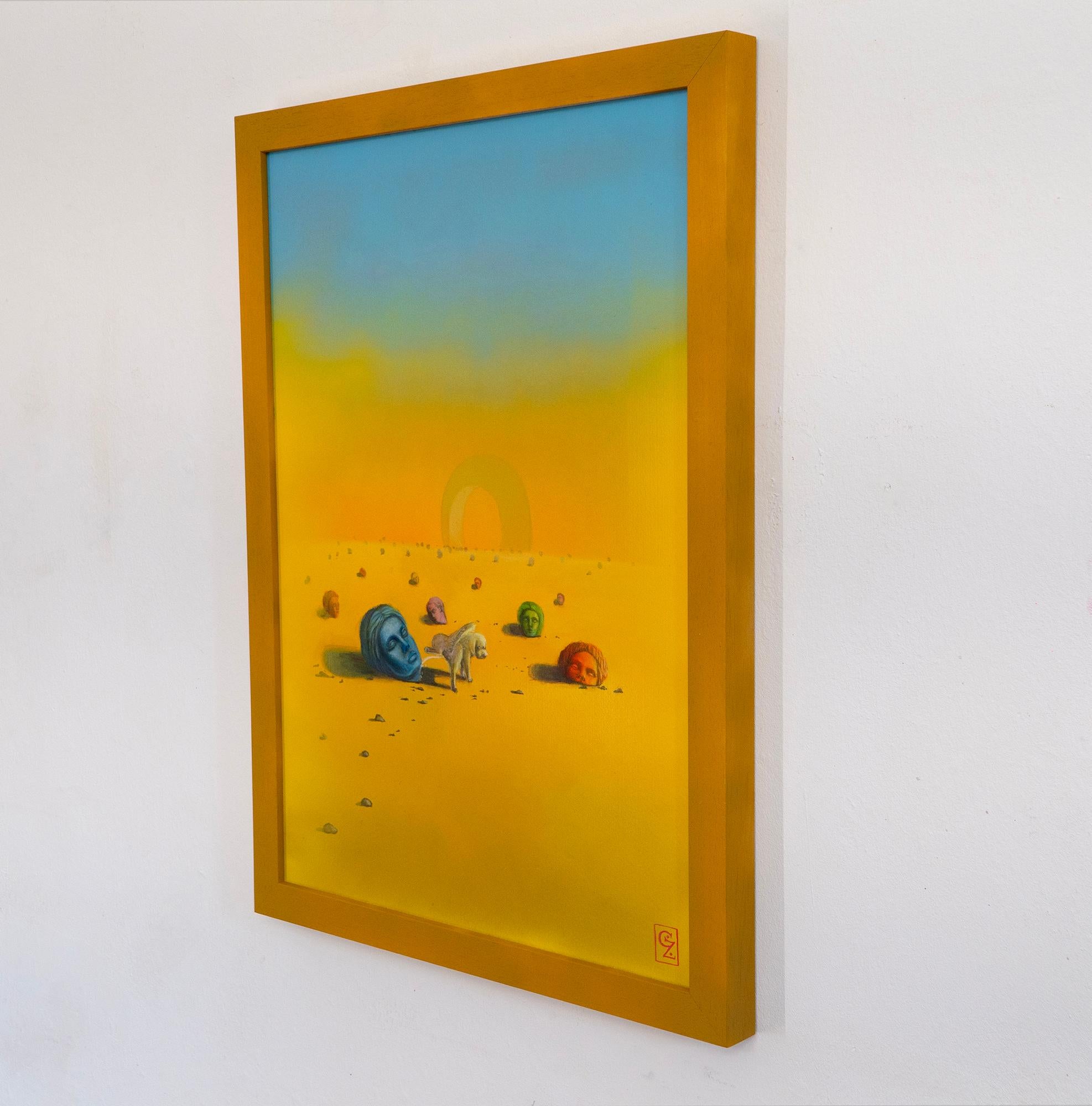 Pittura surreale del deserto con cane e teste scultoree su carta Fabriano incorniciata in vendita 3