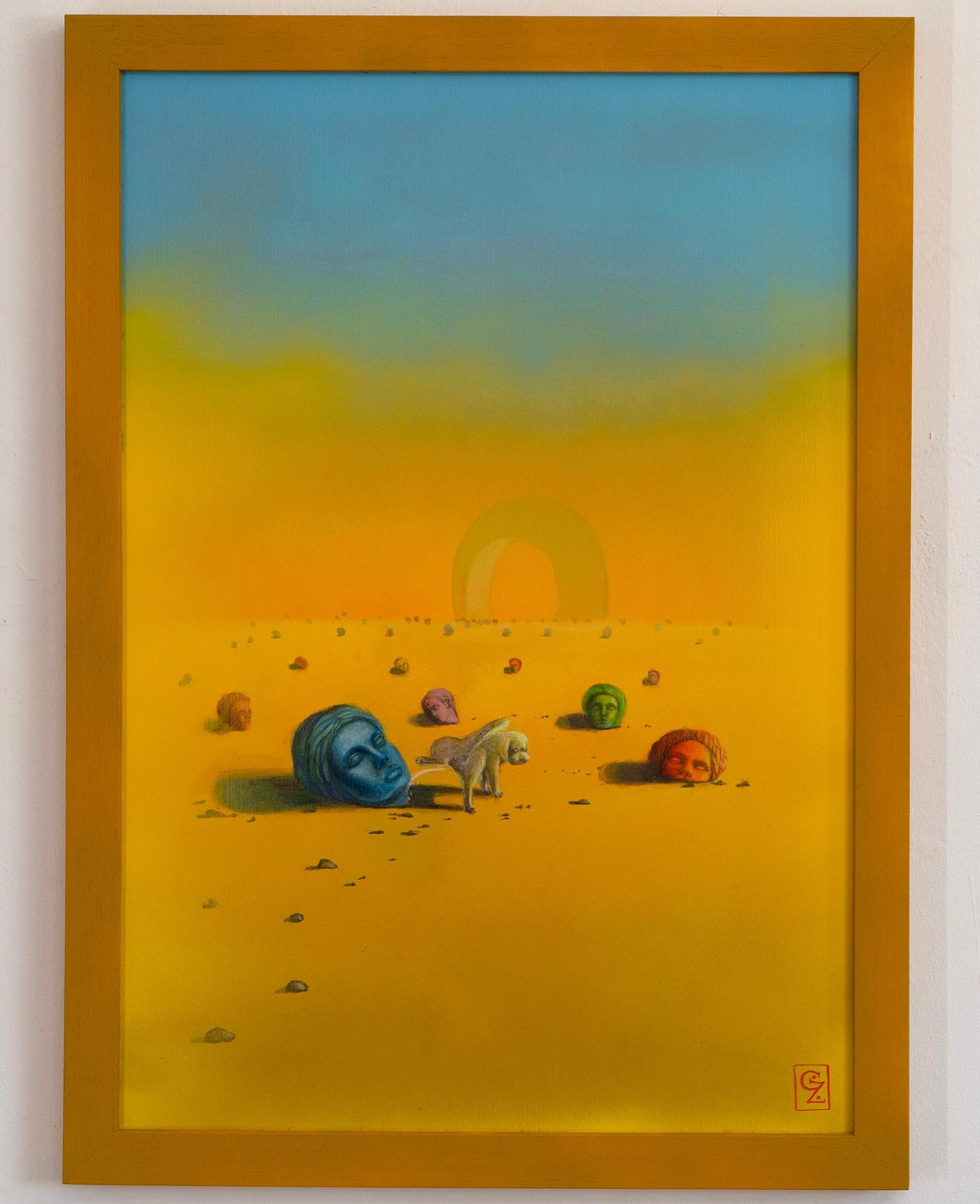 Pintura Surrealista del Desierto con Perro y Cabezas Escultóricas sobre Papel Fabriano Enmarcado